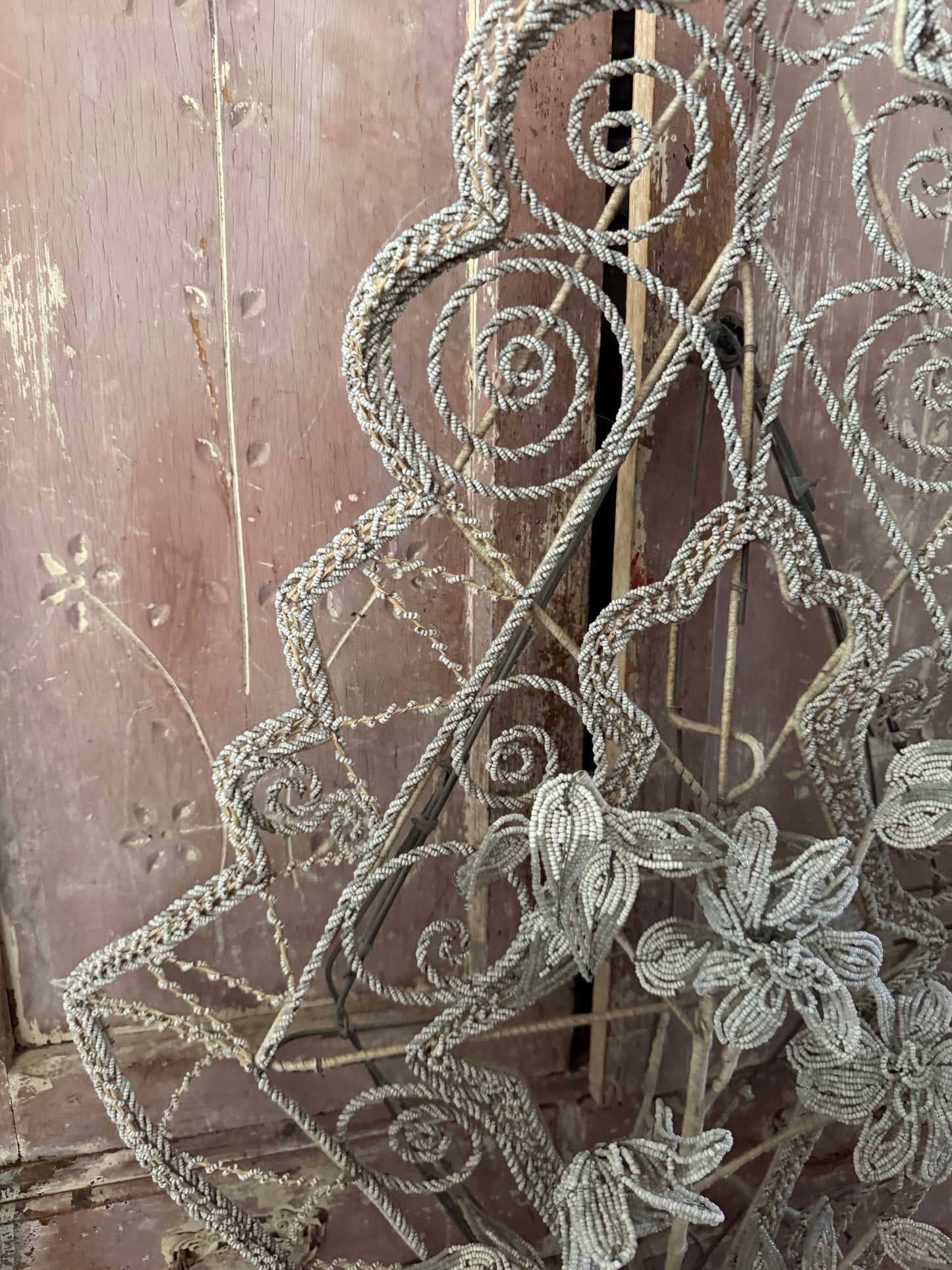 RARE XL Antique French Beaded Floral Wreath White Grey