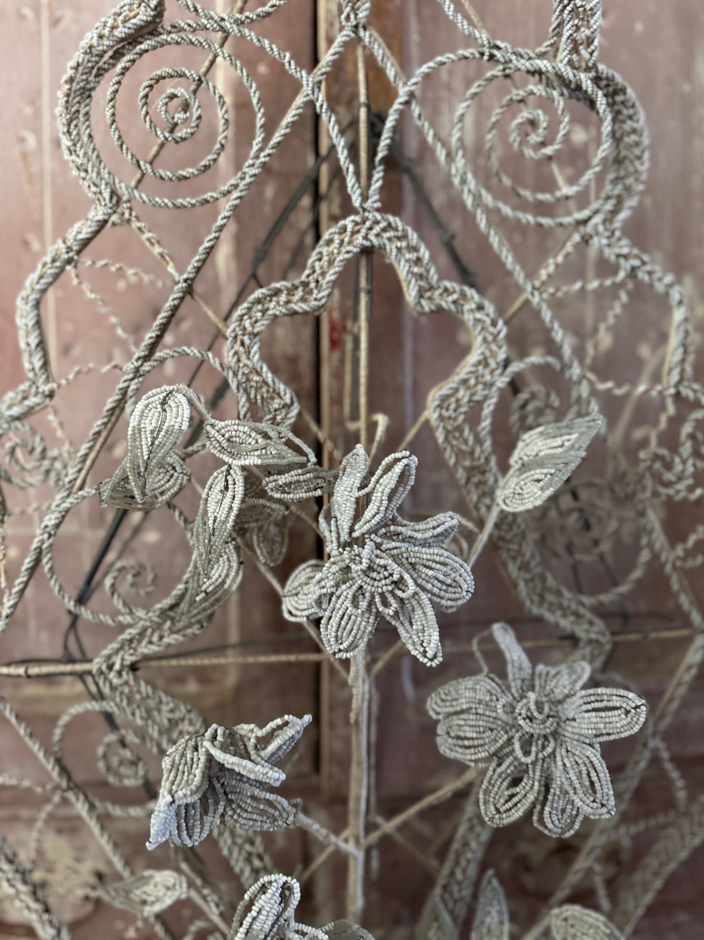 RARE XL Antique French Beaded Floral Wreath White Grey