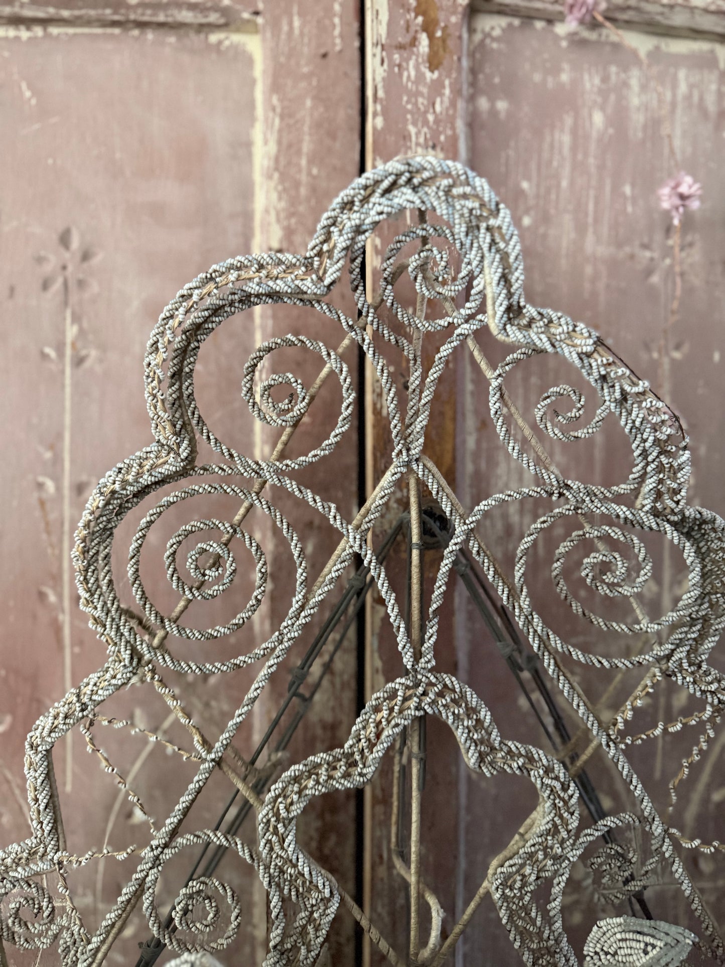 RARE XL Antique French Beaded Floral Wreath White Grey