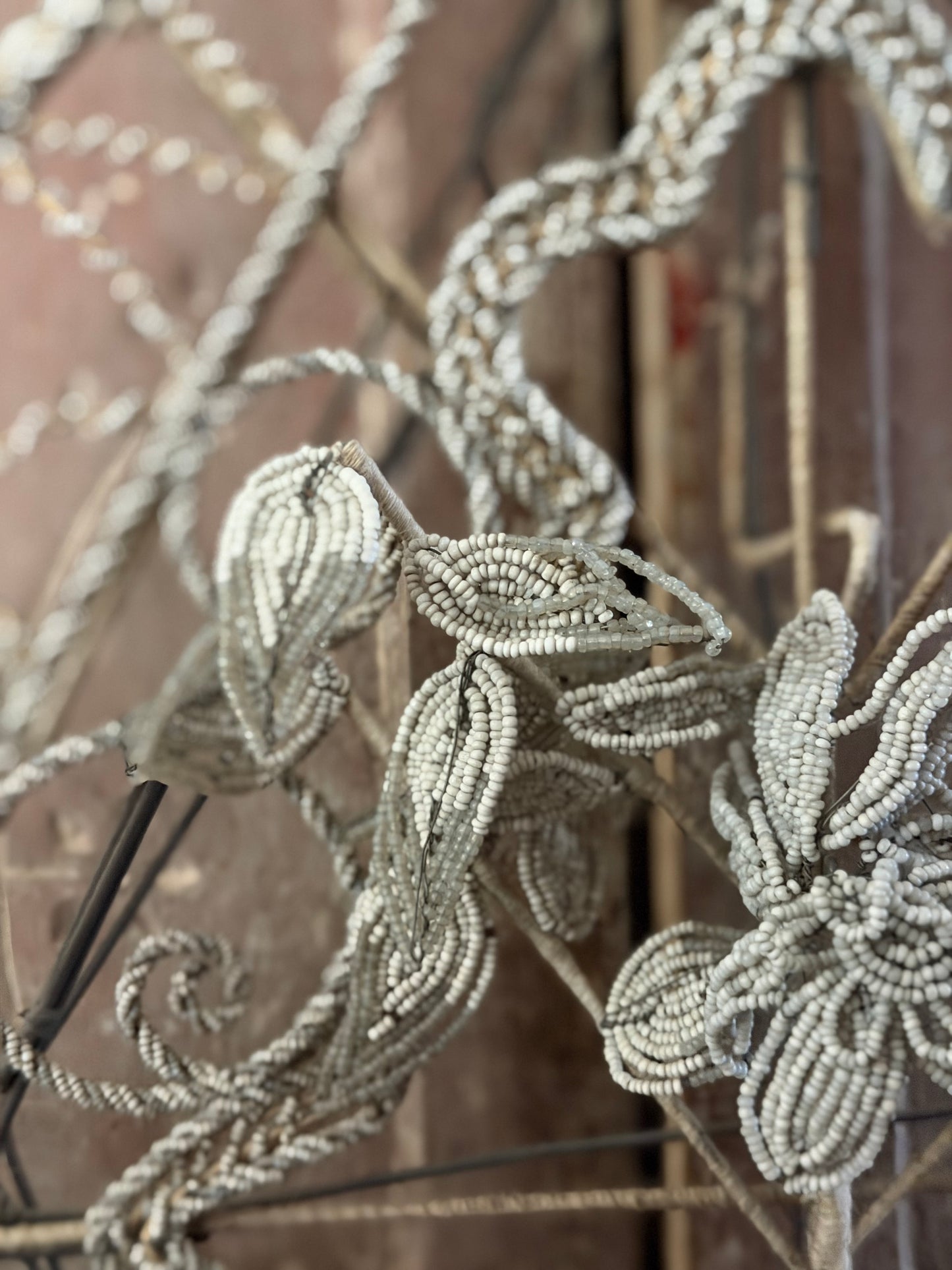 RARE XL Antique French Beaded Floral Wreath White Grey