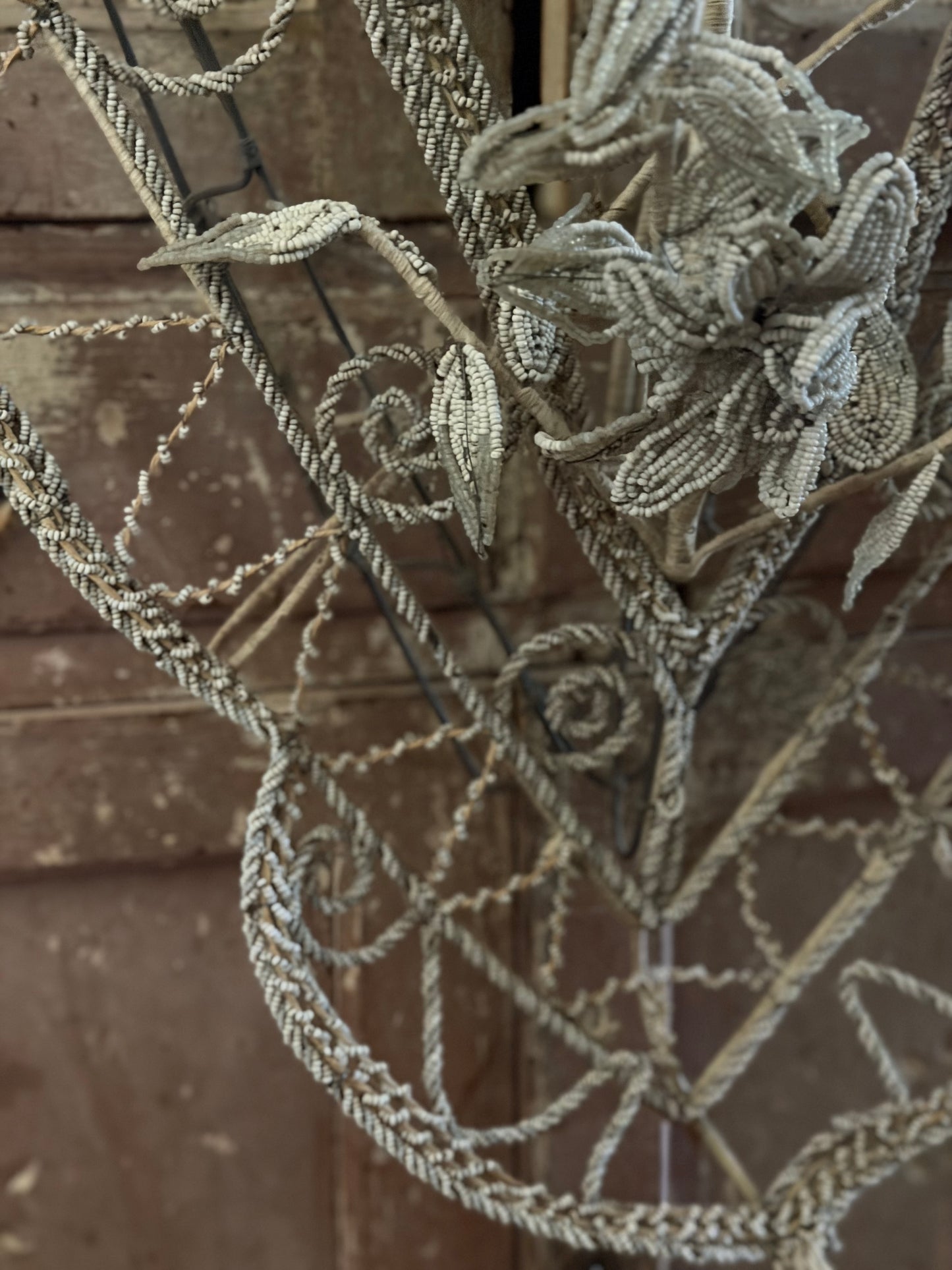 RARE XL Antique French Beaded Floral Wreath White Grey