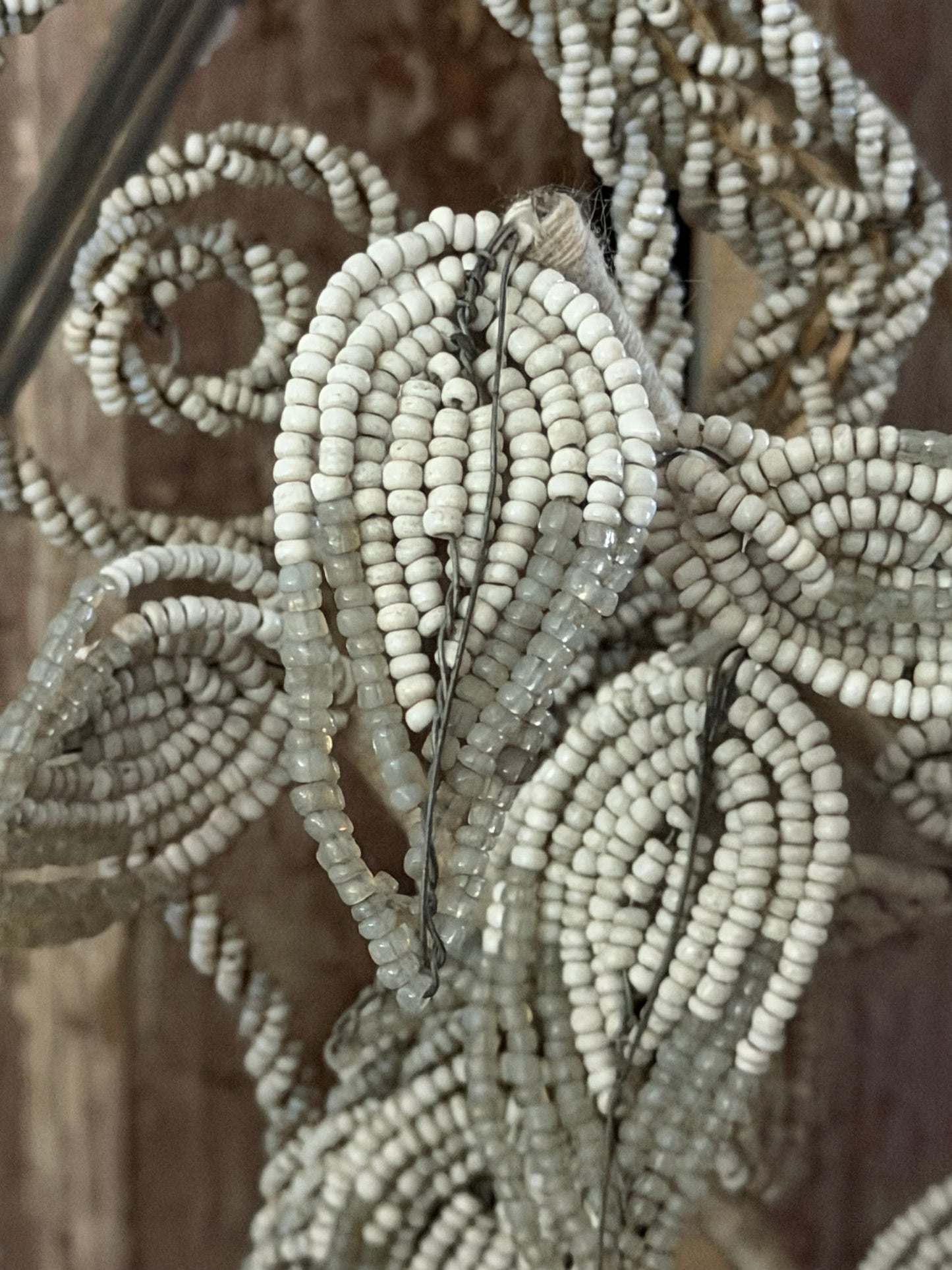 RARE XL Antique French Beaded Floral Wreath White Grey
