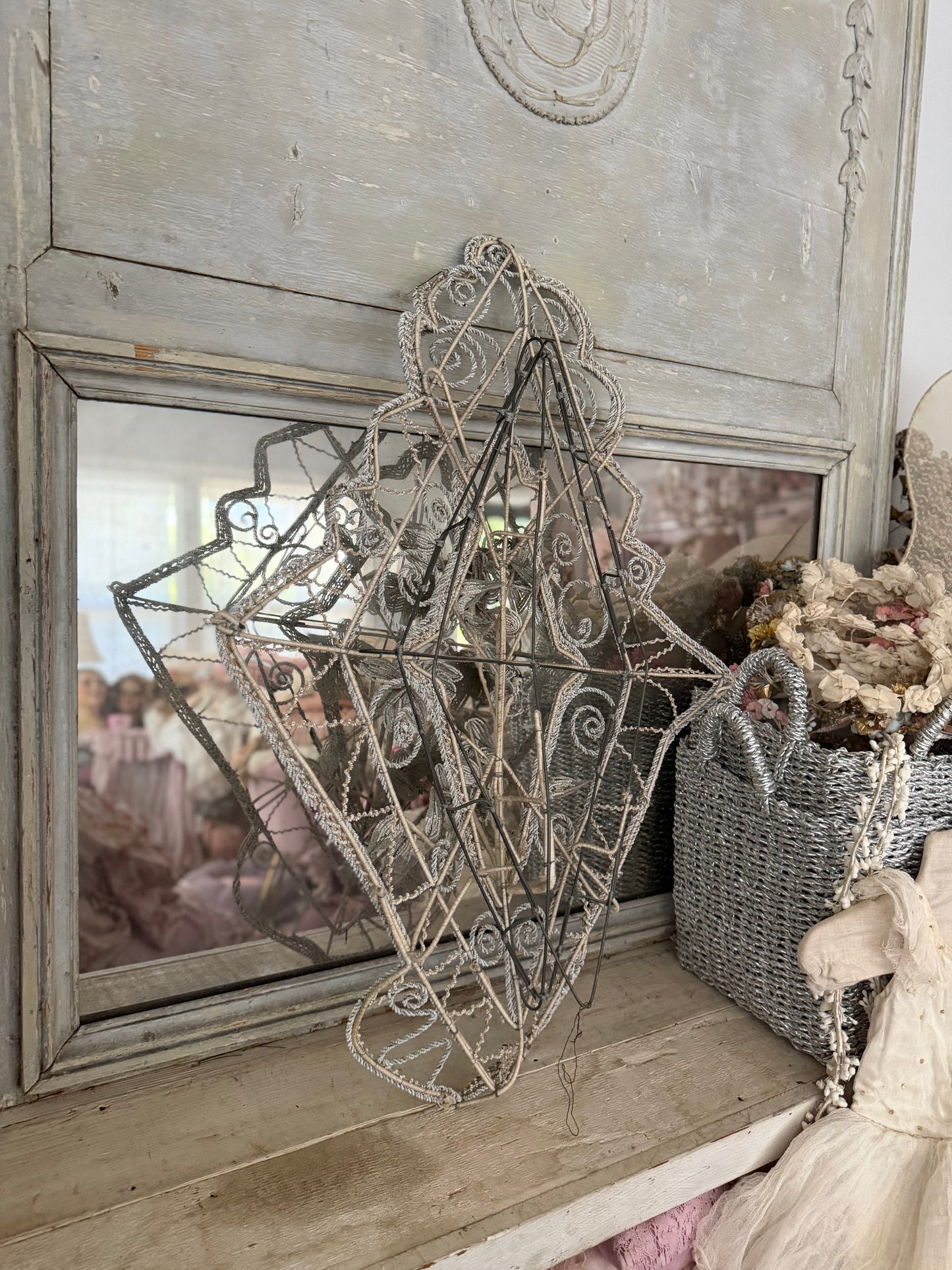 RARE XL Antique French Beaded Floral Wreath White Grey