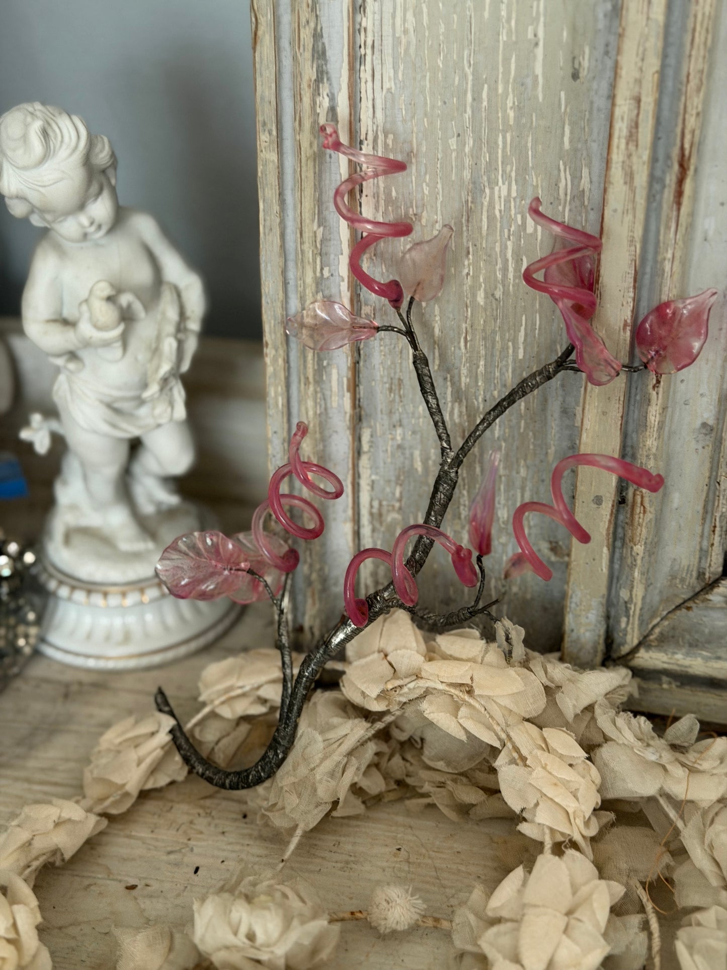 Vintage Pink Murano Glass Branch Silver Metallic Wrapped Stem