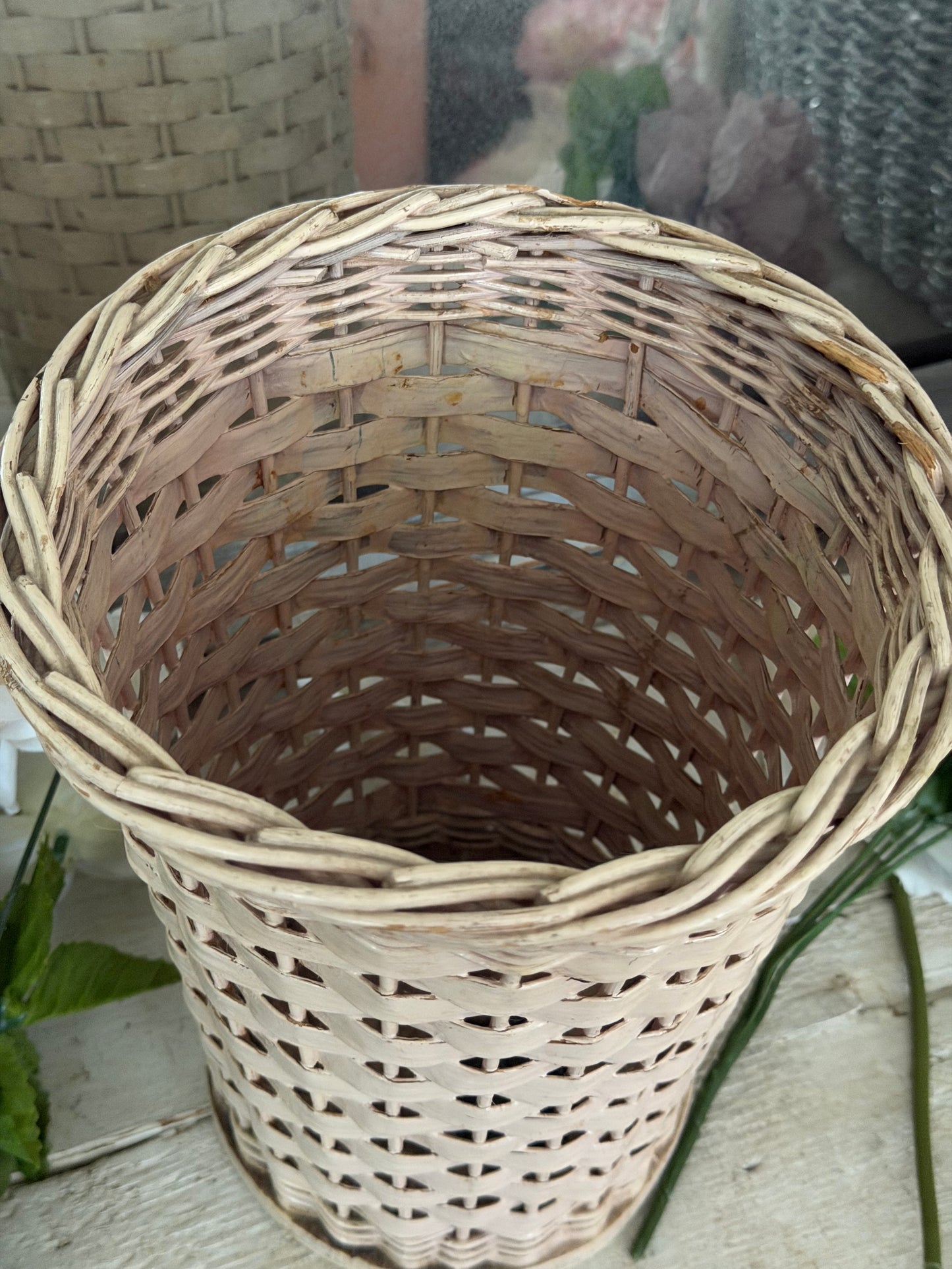 Vintage Pink Wicker Basket Bucket With Roses Flowers