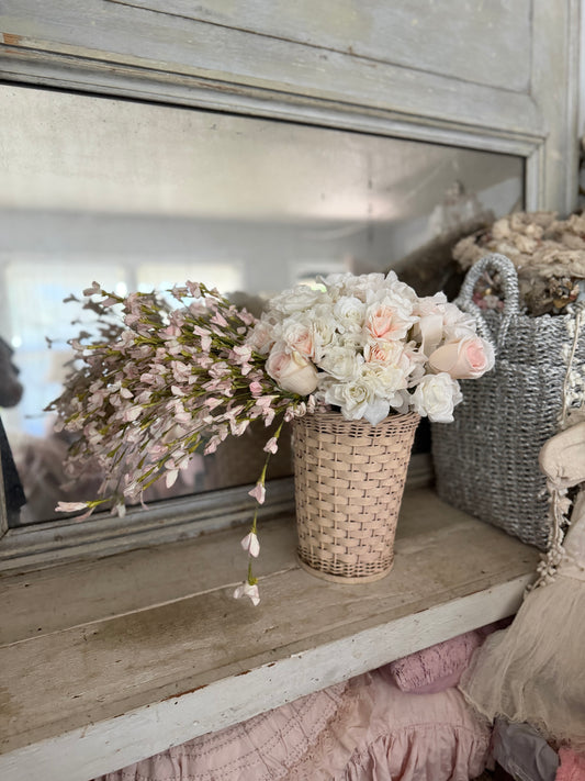Vintage Pink Wicker Basket Bucket With Roses Flowers