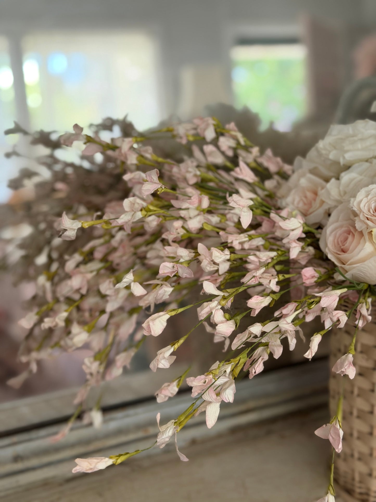 Vintage Pink Wicker Basket Bucket With Roses Flowers