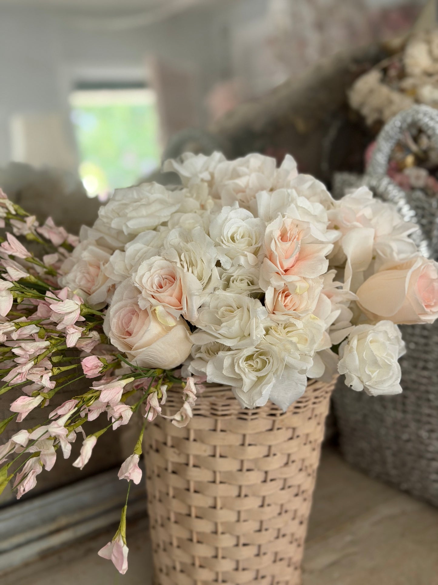 Vintage Pink Wicker Basket Bucket With Roses Flowers