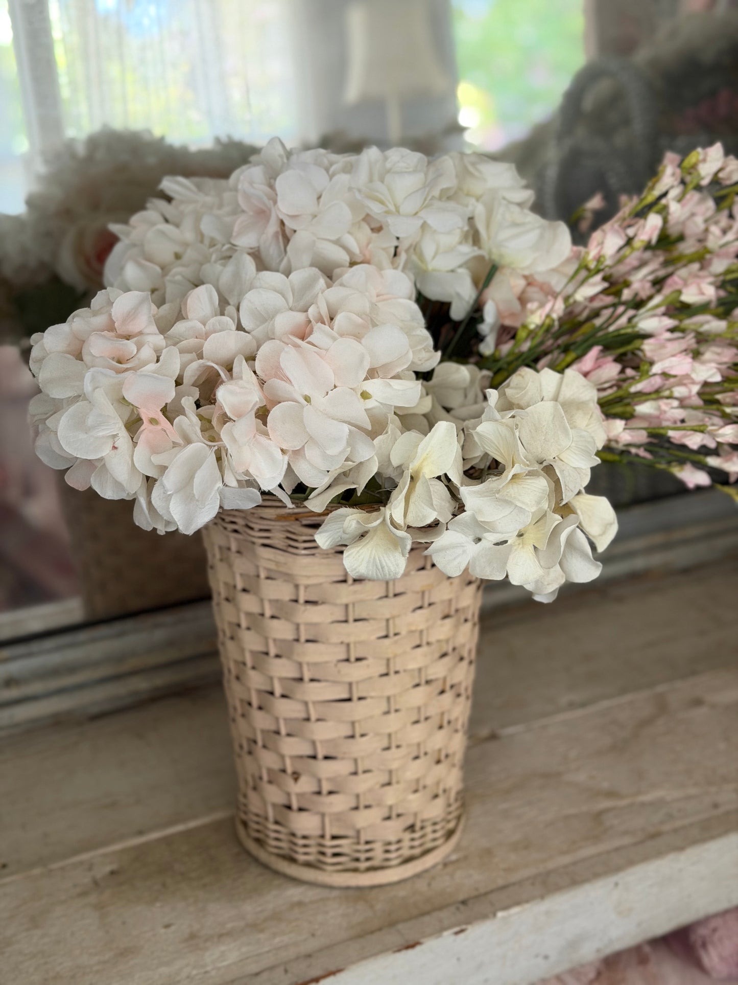 Vintage Pink Wicker Basket Bucket With Roses Flowers