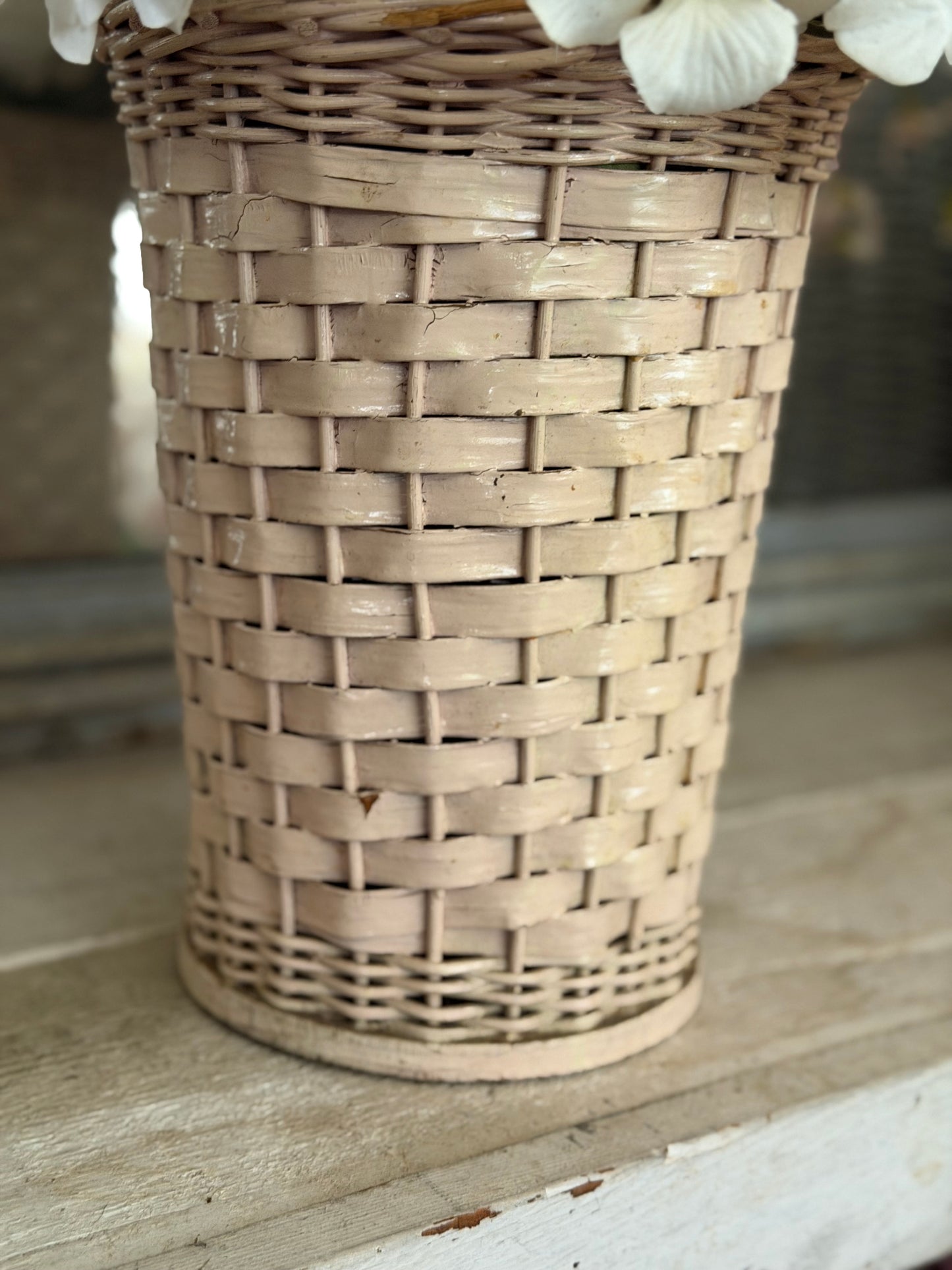 Vintage Pink Wicker Basket Bucket With Roses Flowers