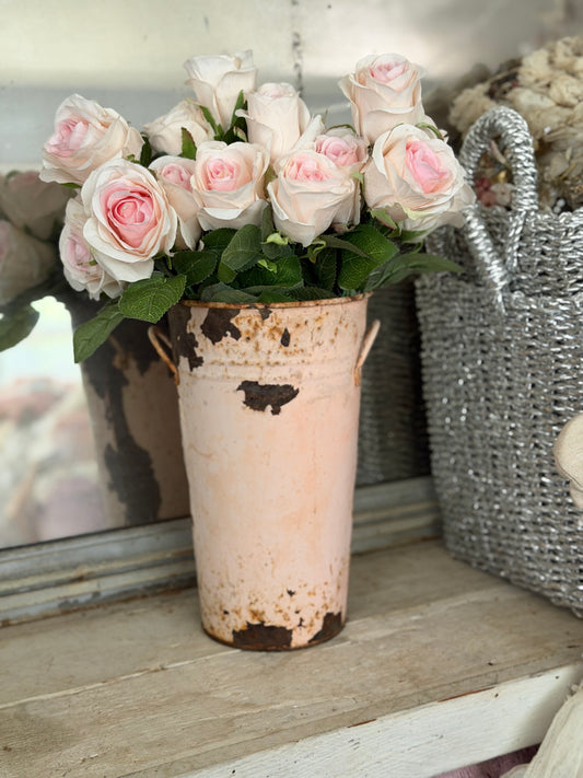 Antique Pink Metal Bucket With Roses Flowers