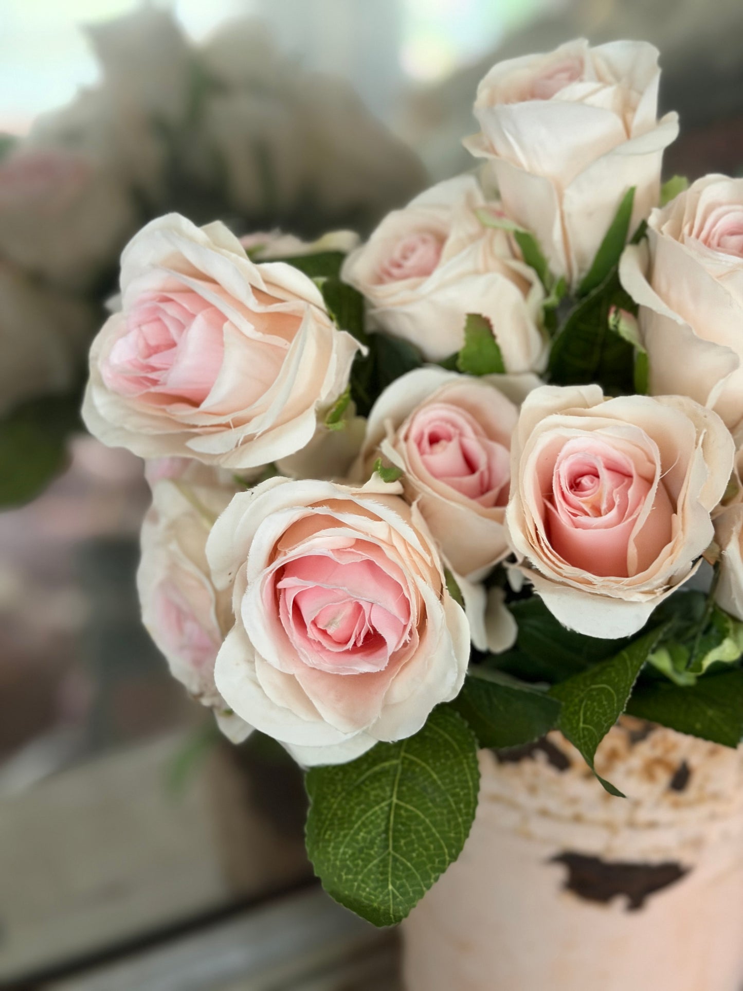 Antique Pink Metal Bucket With Roses Flowers