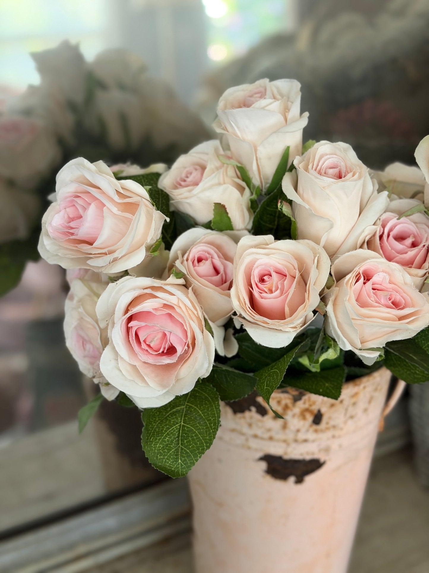 Antique Pink Metal Bucket With Roses Flowers