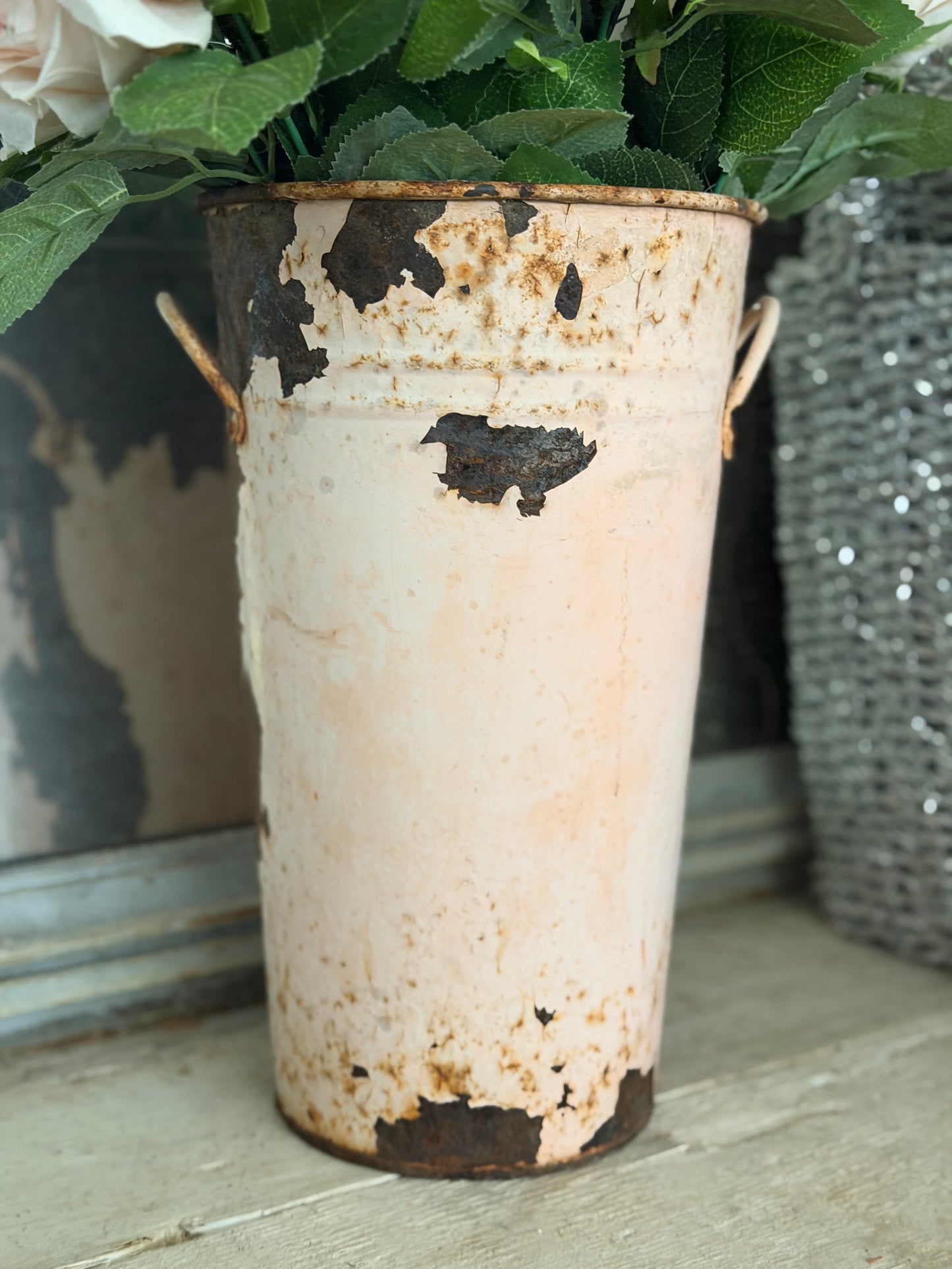 Antique Pink Metal Bucket With Roses Flowers