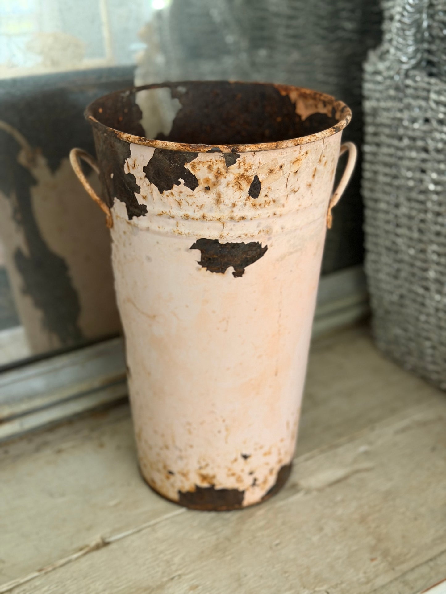 Antique Pink Metal Bucket With Roses Flowers