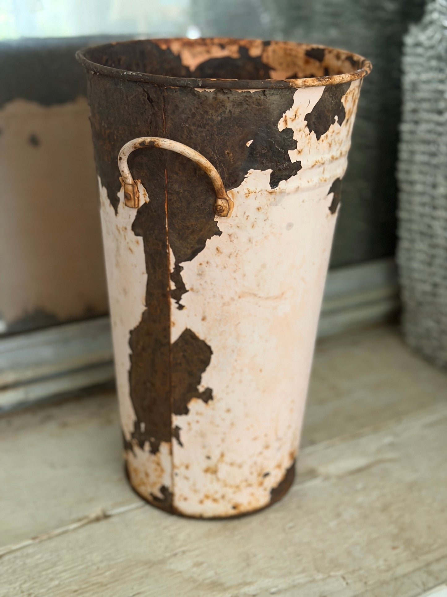 Antique Pink Metal Bucket With Roses Flowers