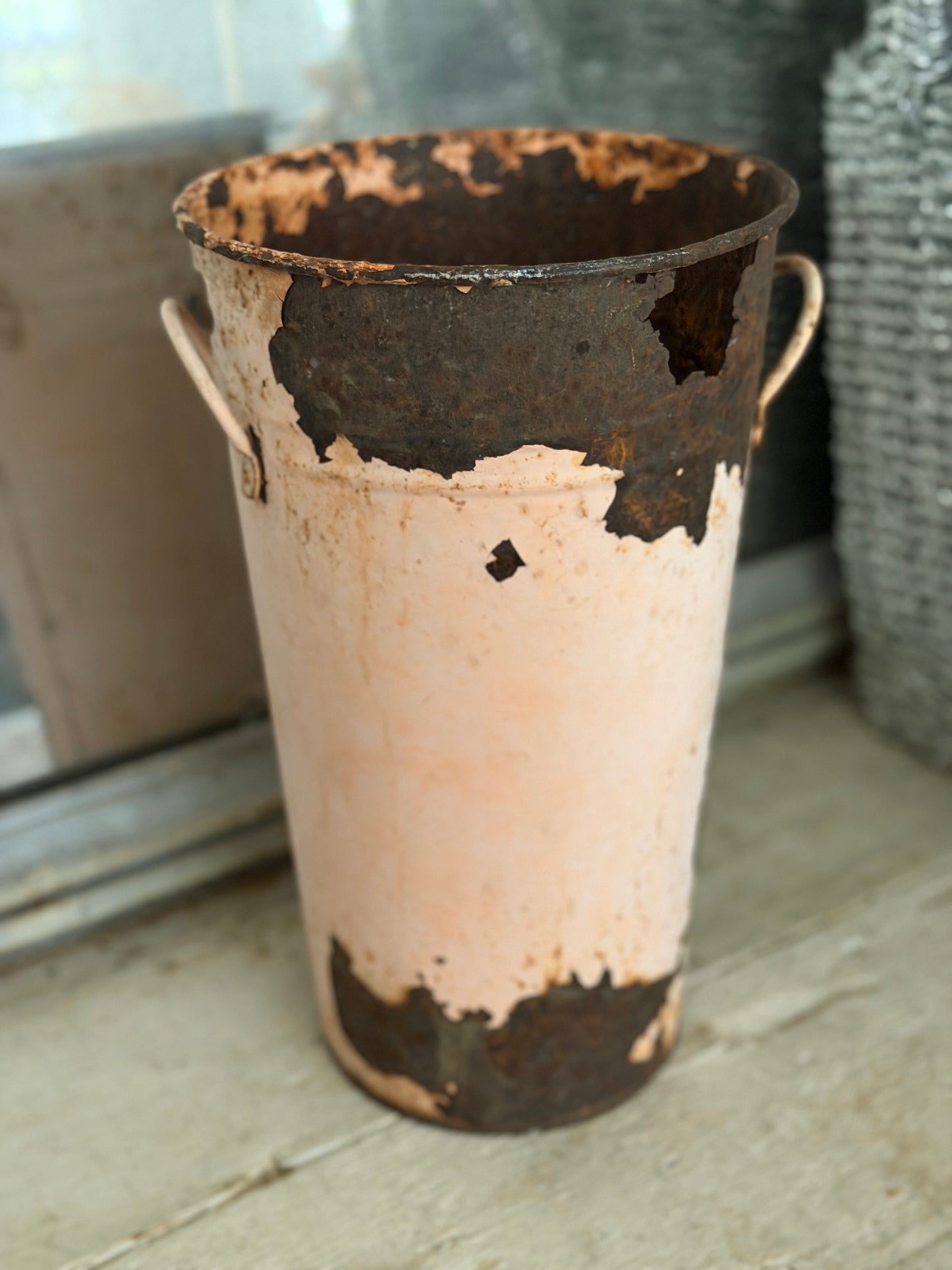 Antique Pink Metal Bucket With Roses Flowers