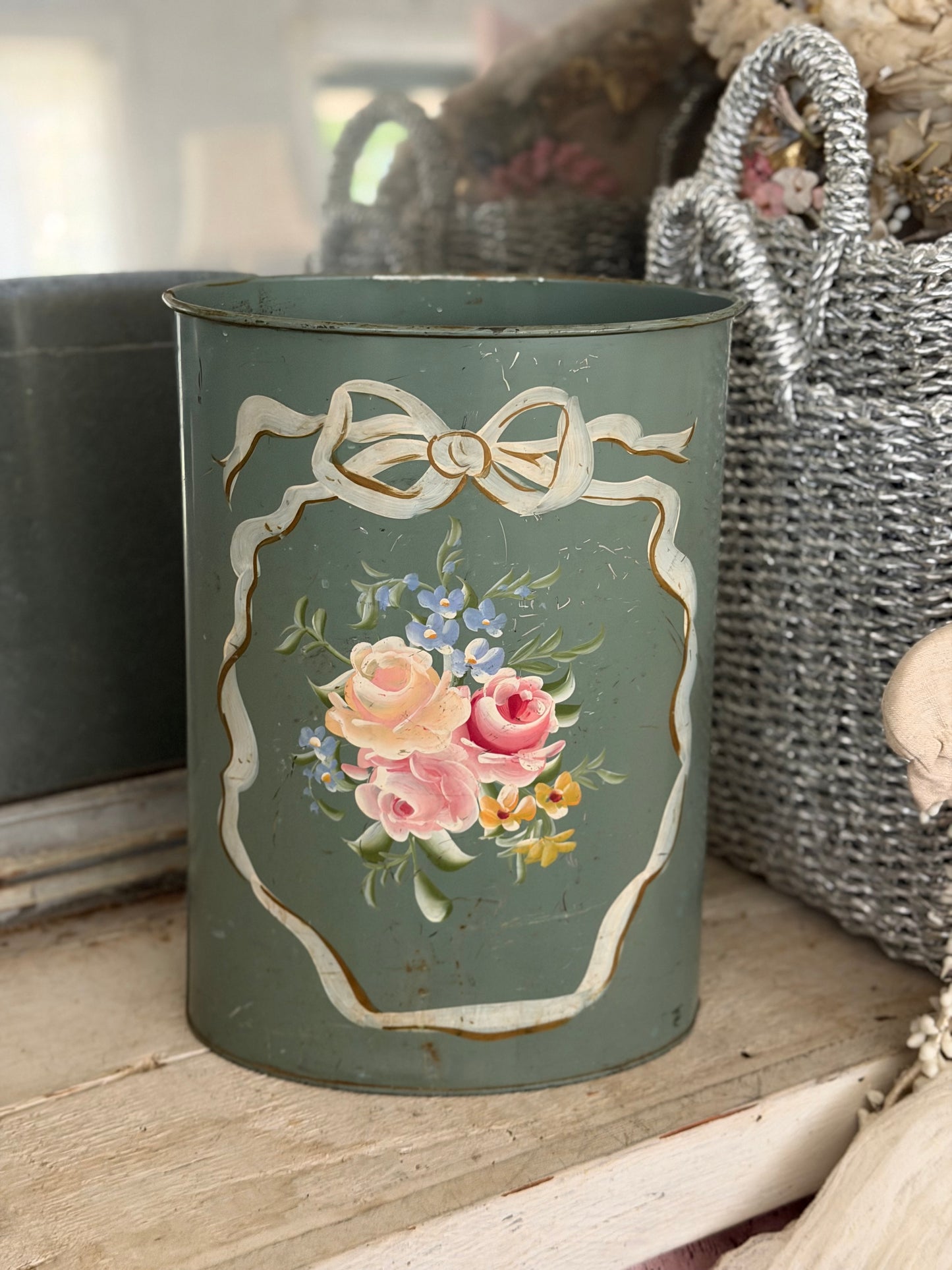 Vintage Shabby Chic Pink Roses Bow Teal Toleware Metal Bucket