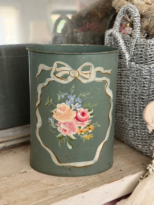 Vintage Shabby Chic Pink Roses Bow Teal Toleware Metal Bucket