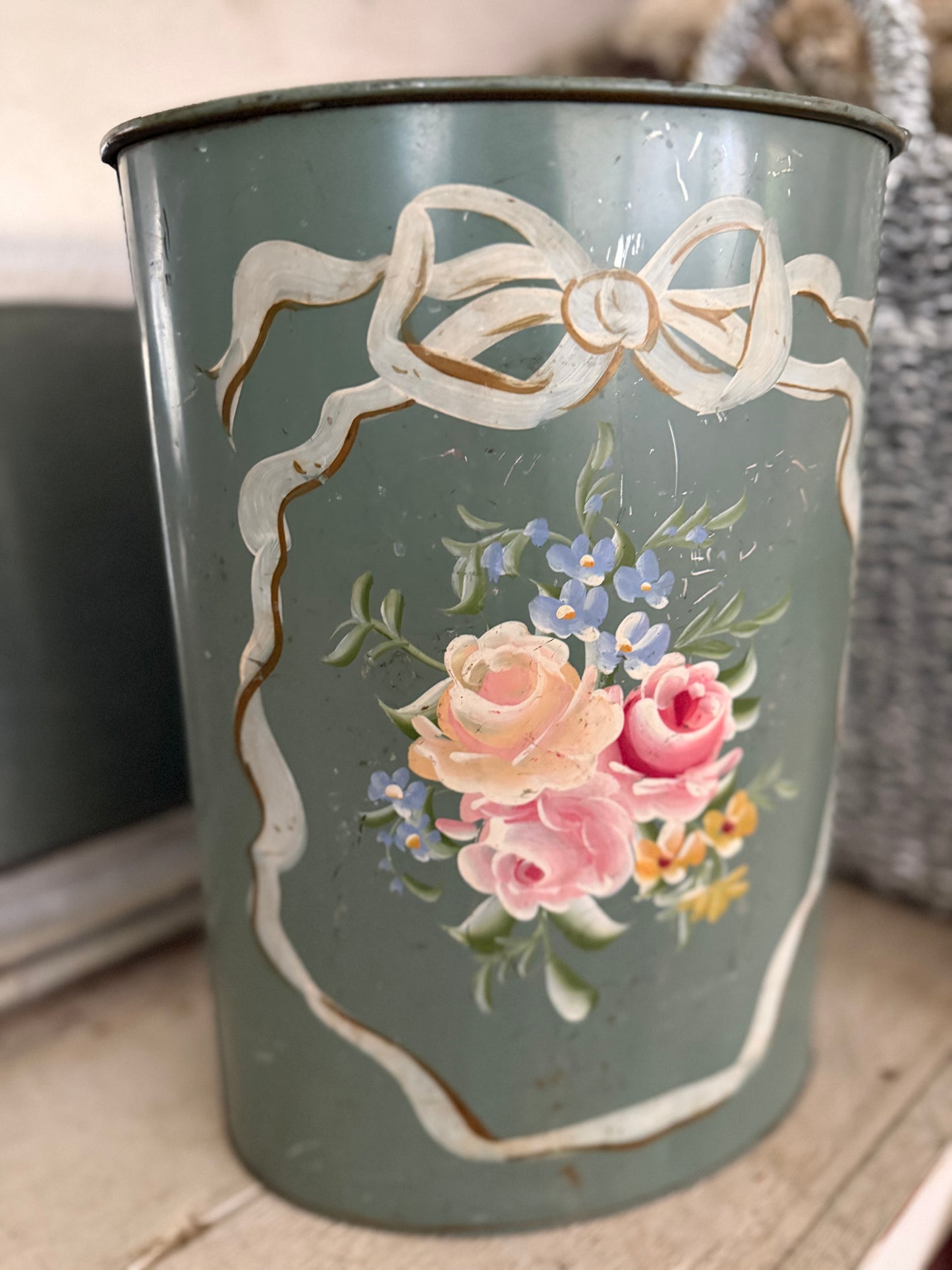 Vintage Shabby Chic Pink Roses Bow Teal Toleware Metal Bucket