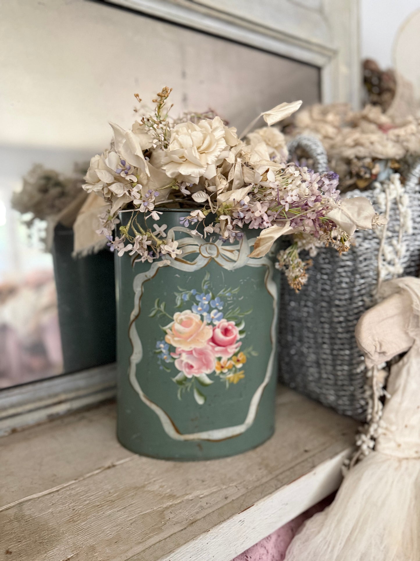 Vintage Shabby Chic Pink Roses Bow Teal Toleware Metal Bucket