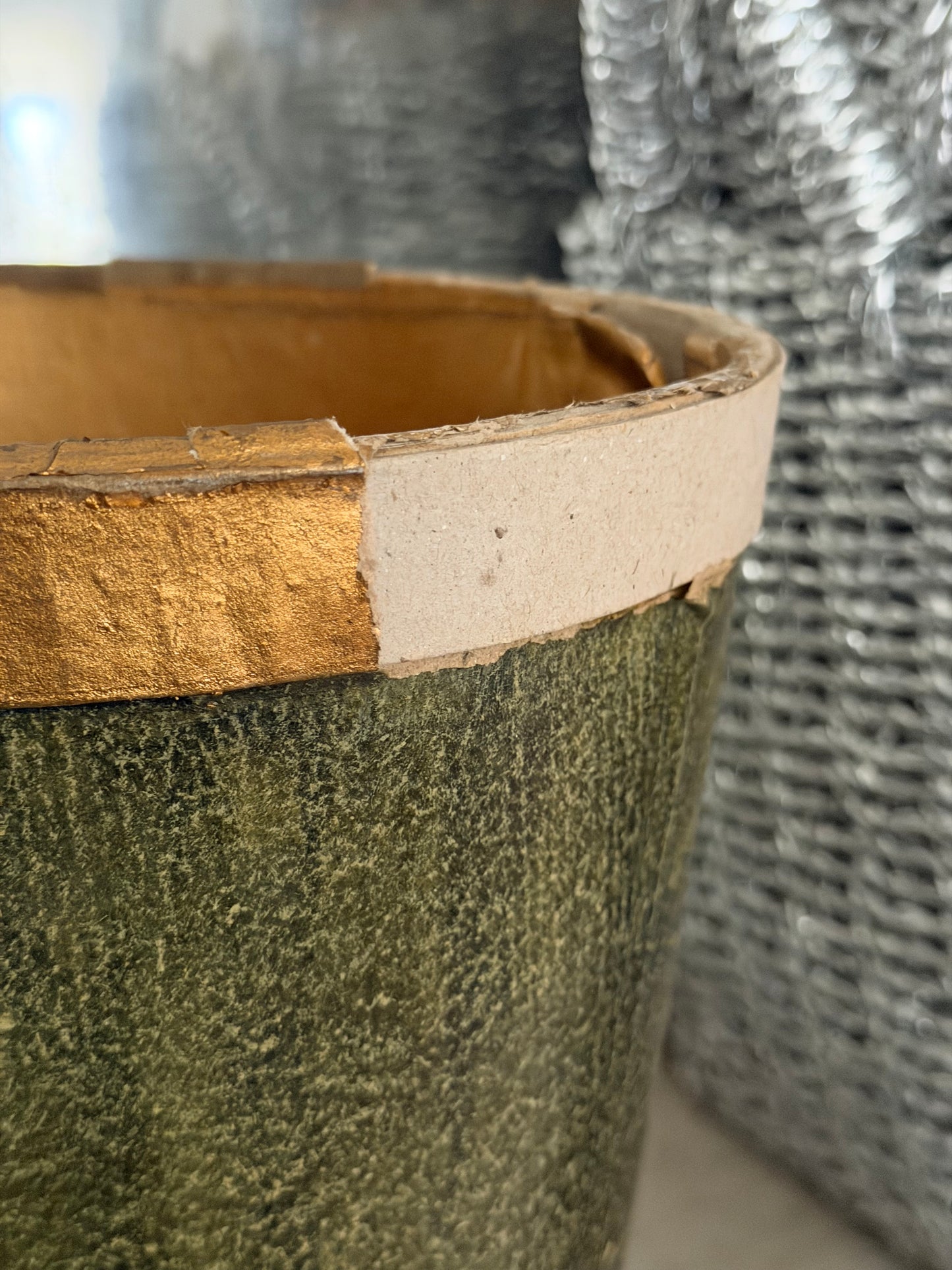 Vintage Faux Green Marble Gold Butterfly Paper Mache Bucket