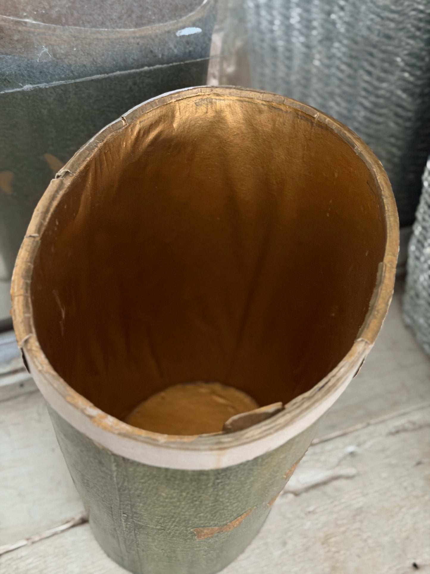 Vintage Faux Green Marble Gold Butterfly Paper Mache Bucket