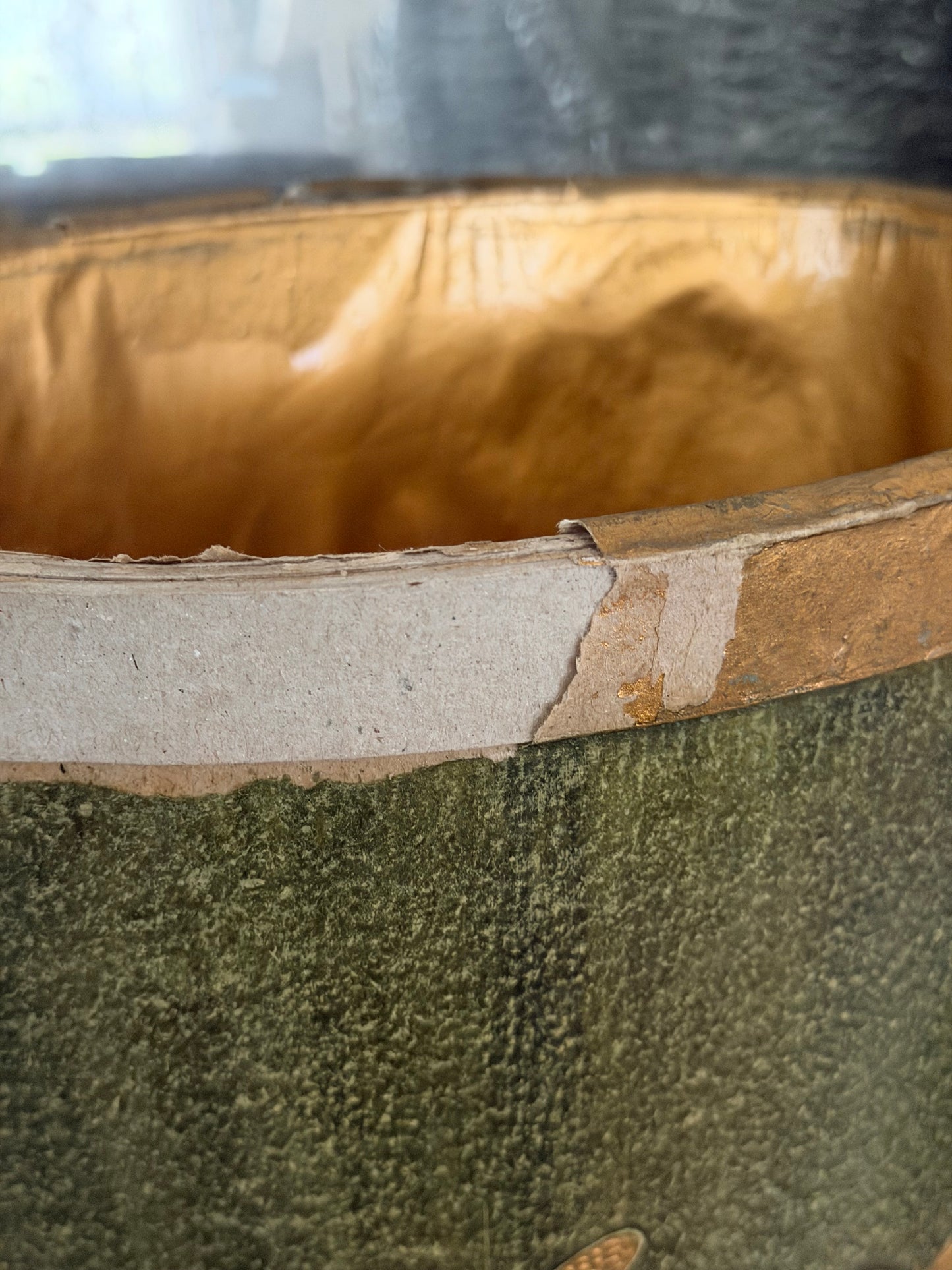 Vintage Faux Green Marble Gold Butterfly Paper Mache Bucket
