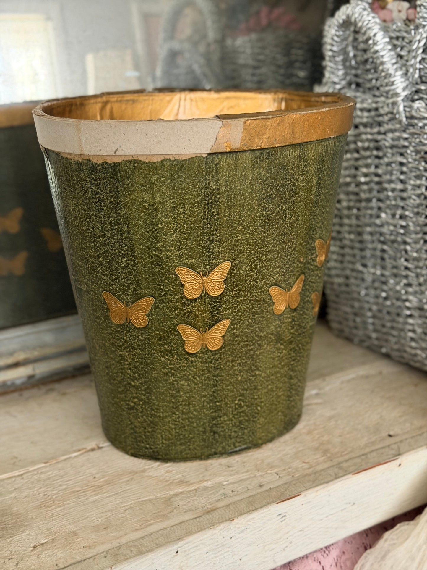 Vintage Faux Green Marble Gold Butterfly Paper Mache Bucket