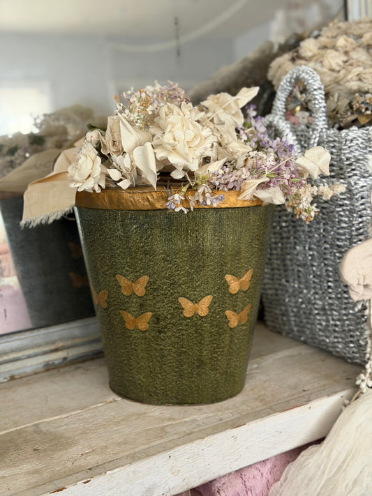 Vintage Faux Green Marble Gold Butterfly Paper Mache Bucket