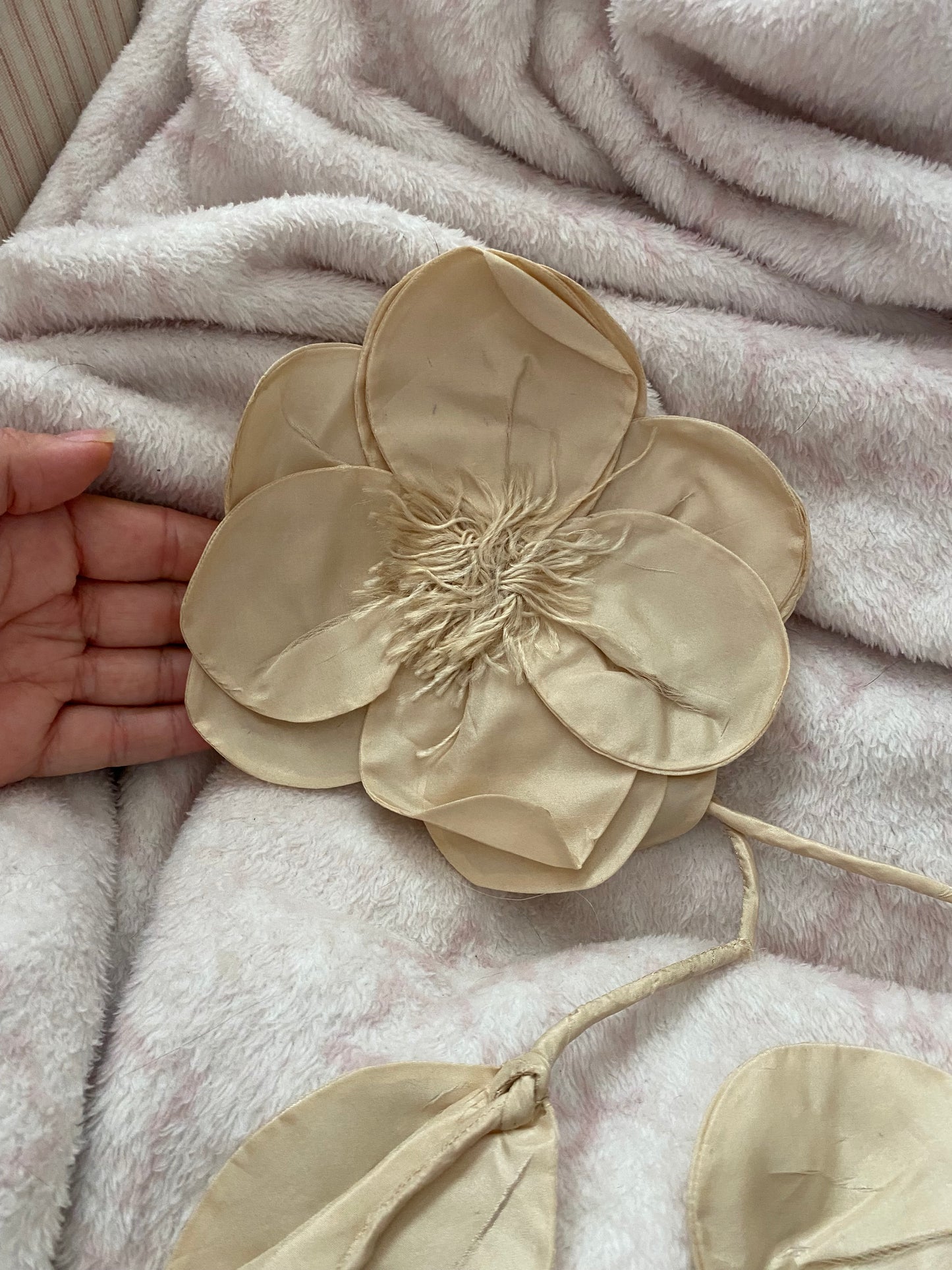 Antique Ivory XL Silk Ribbonwork Flower Tassels Applique