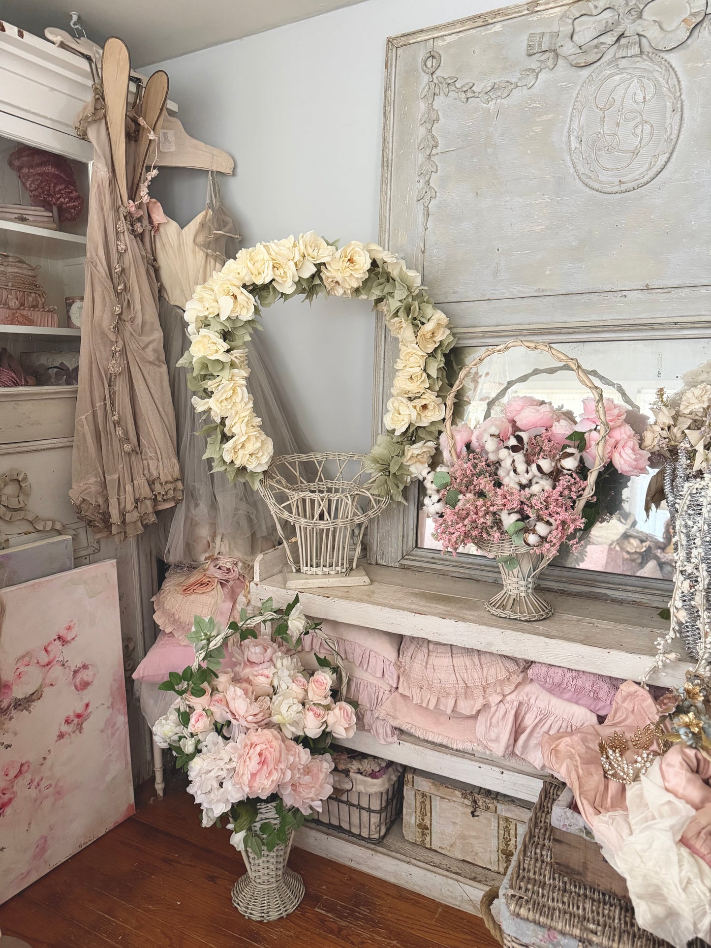 Antique Victorian White Wicker Flower Basket Pink Roses Flower Arch