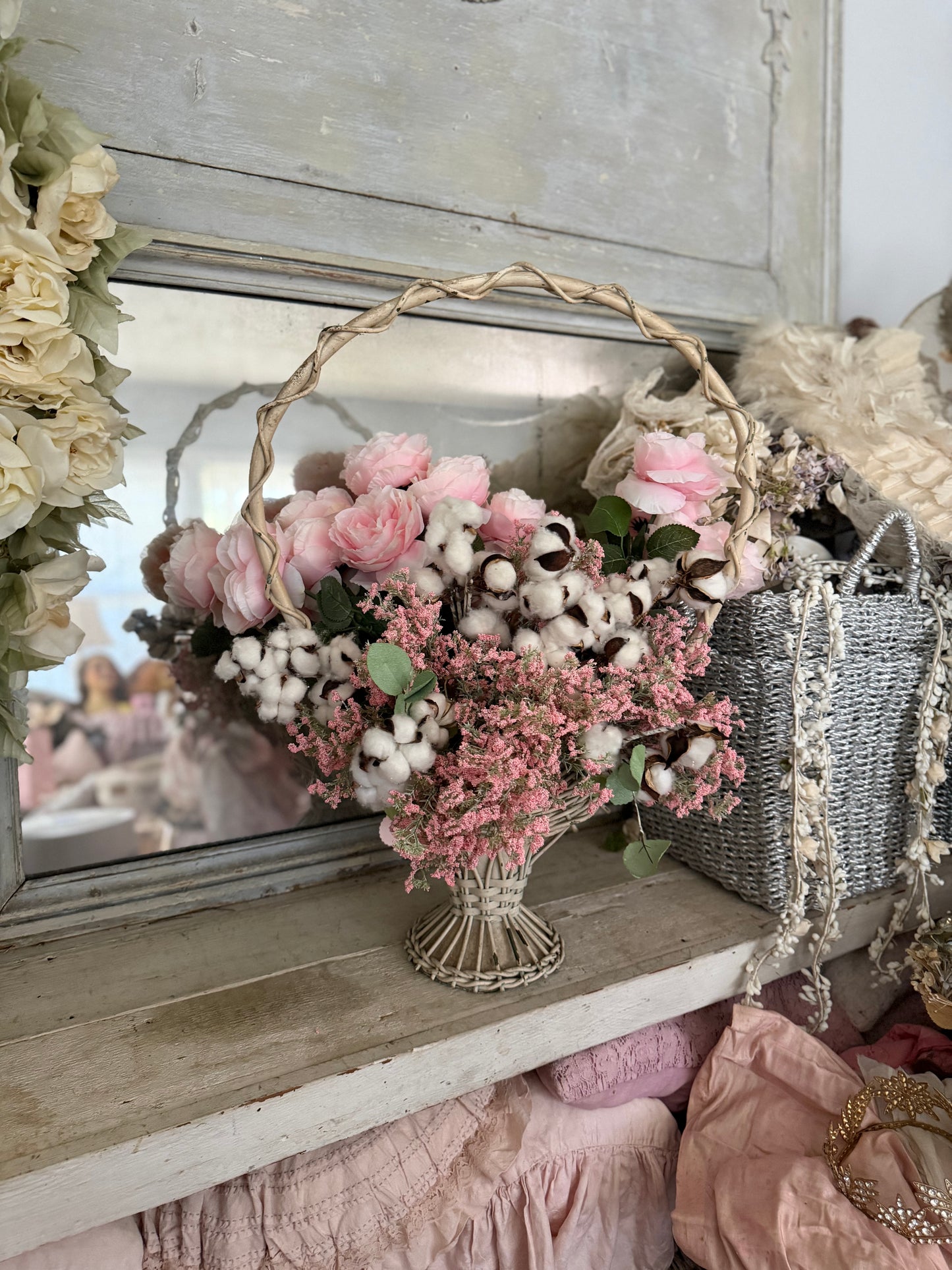 Antique Victorian White Wicker Flower Basket Pink Flower