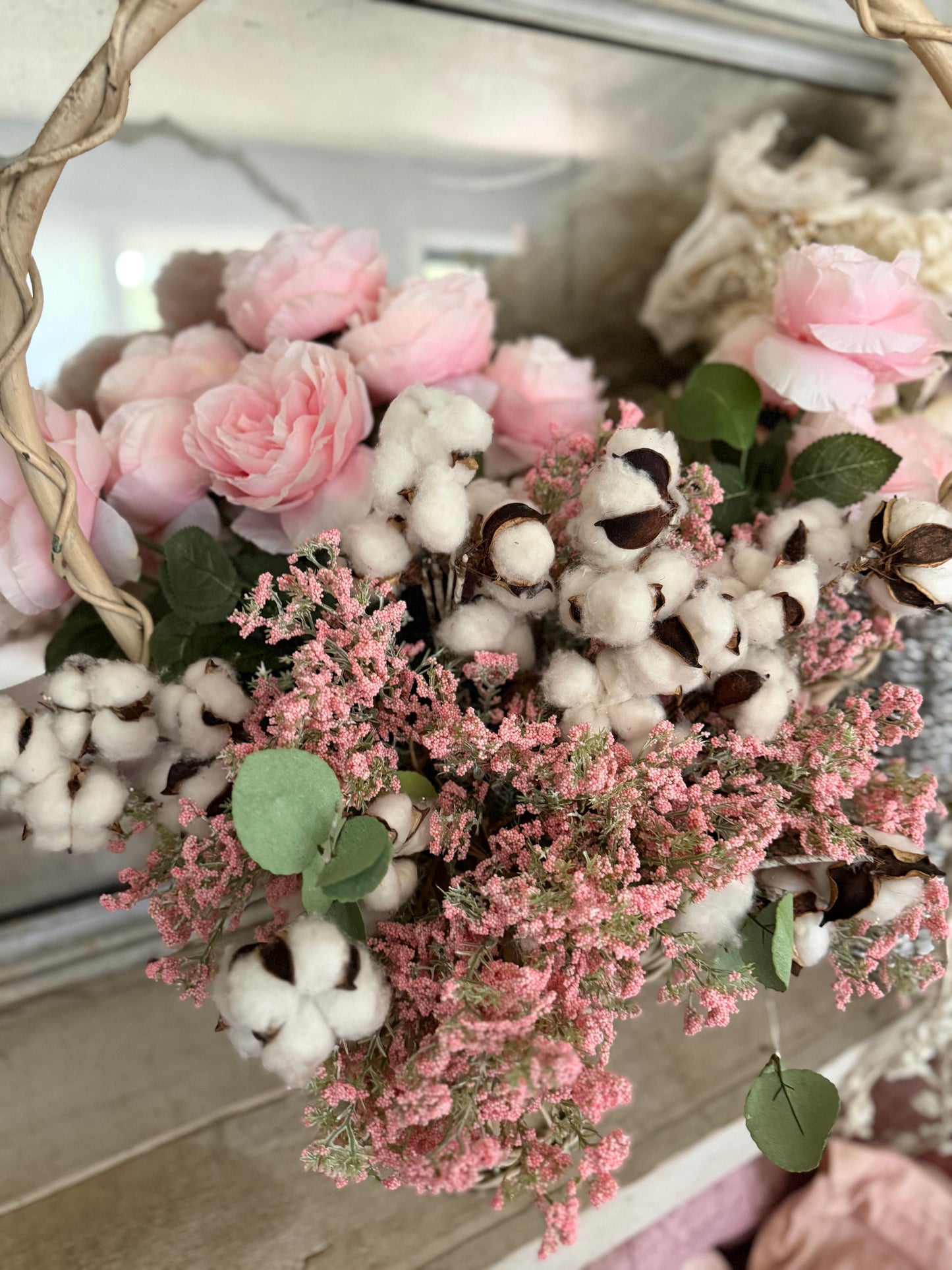 Antique Victorian White Wicker Flower Basket Pink Flower