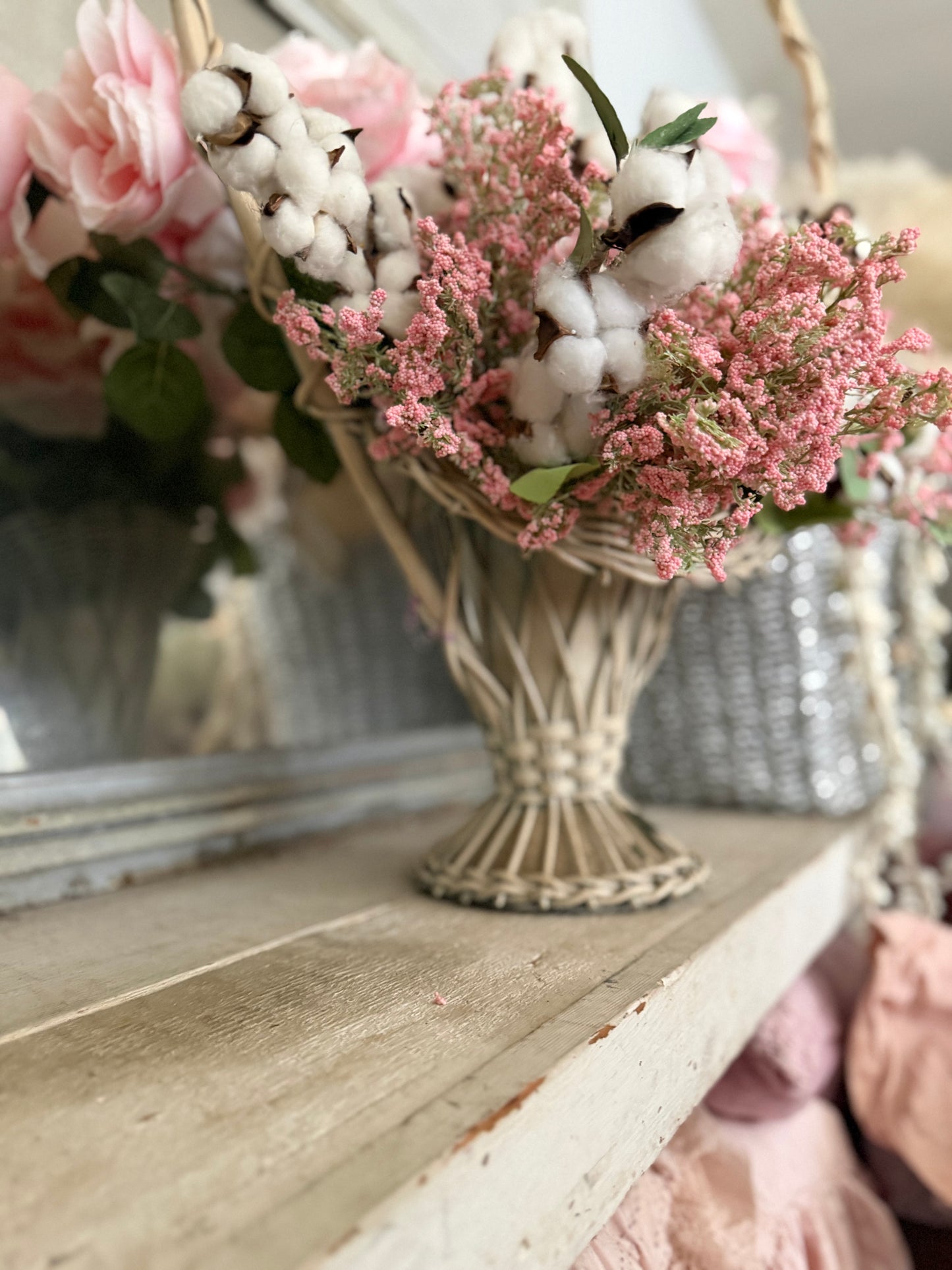Antique Victorian White Wicker Flower Basket Pink Flower