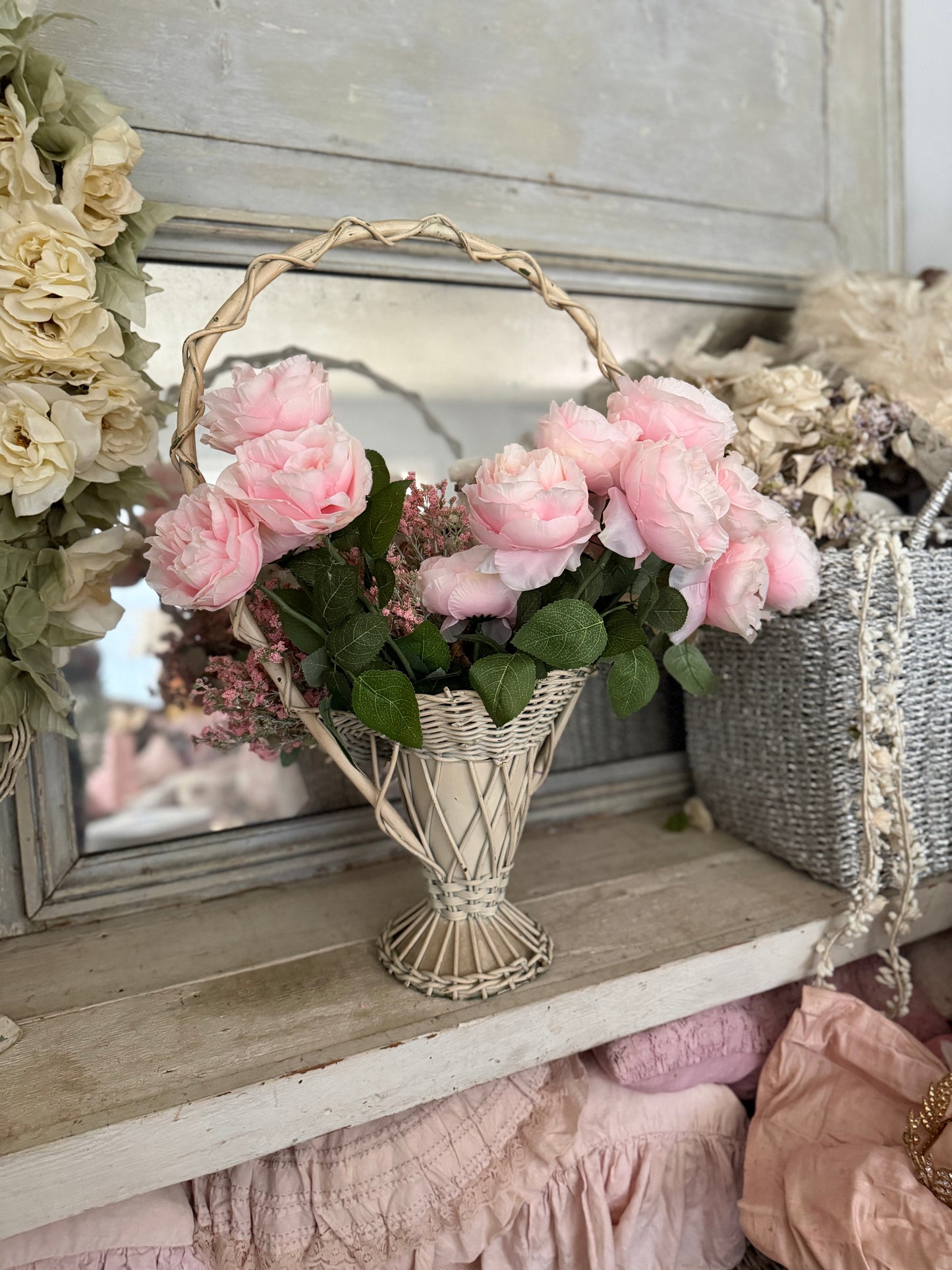 Antique Victorian White Wicker Flower Basket Pink Flower