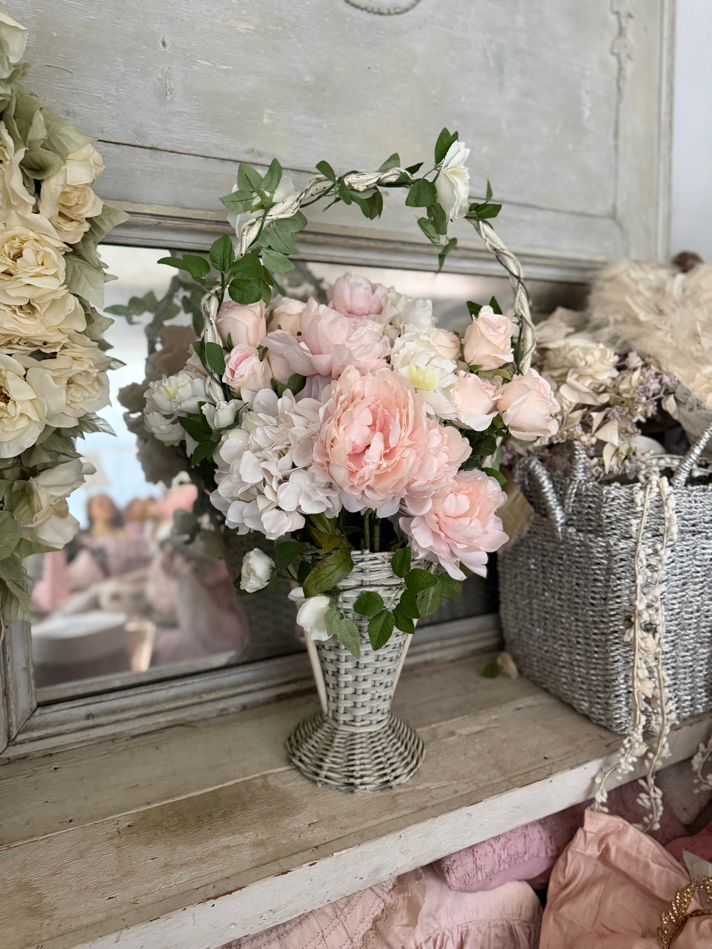Antique Victorian White Wicker Flower Basket Pink Roses Flower Arch