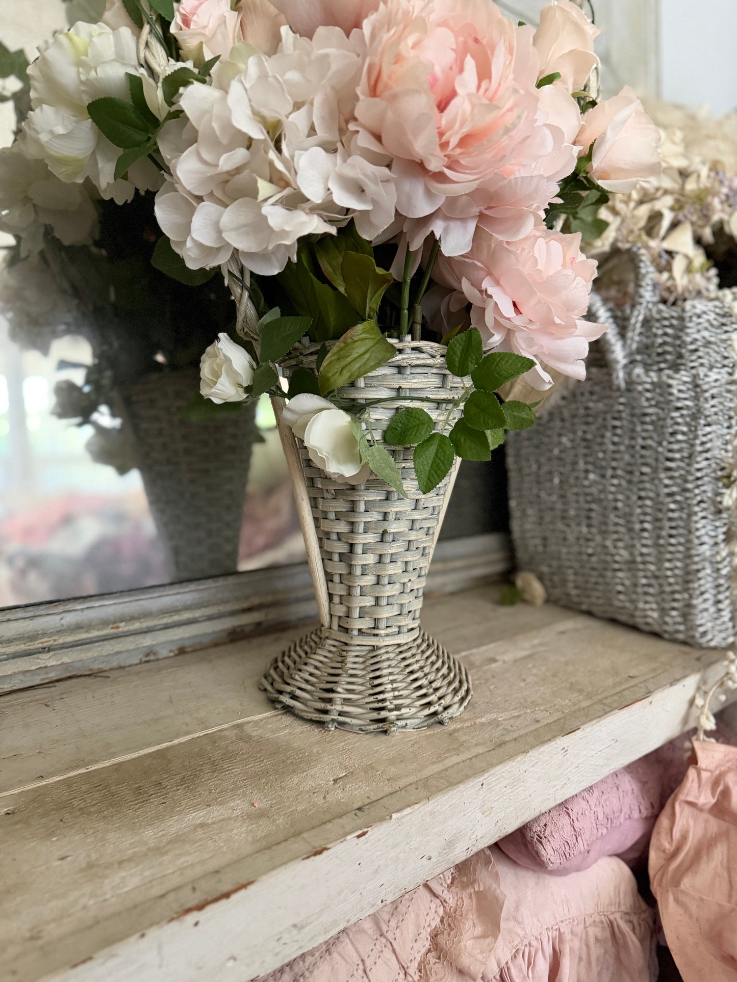Antique Victorian White Wicker Flower Basket Pink Roses Flower Arch
