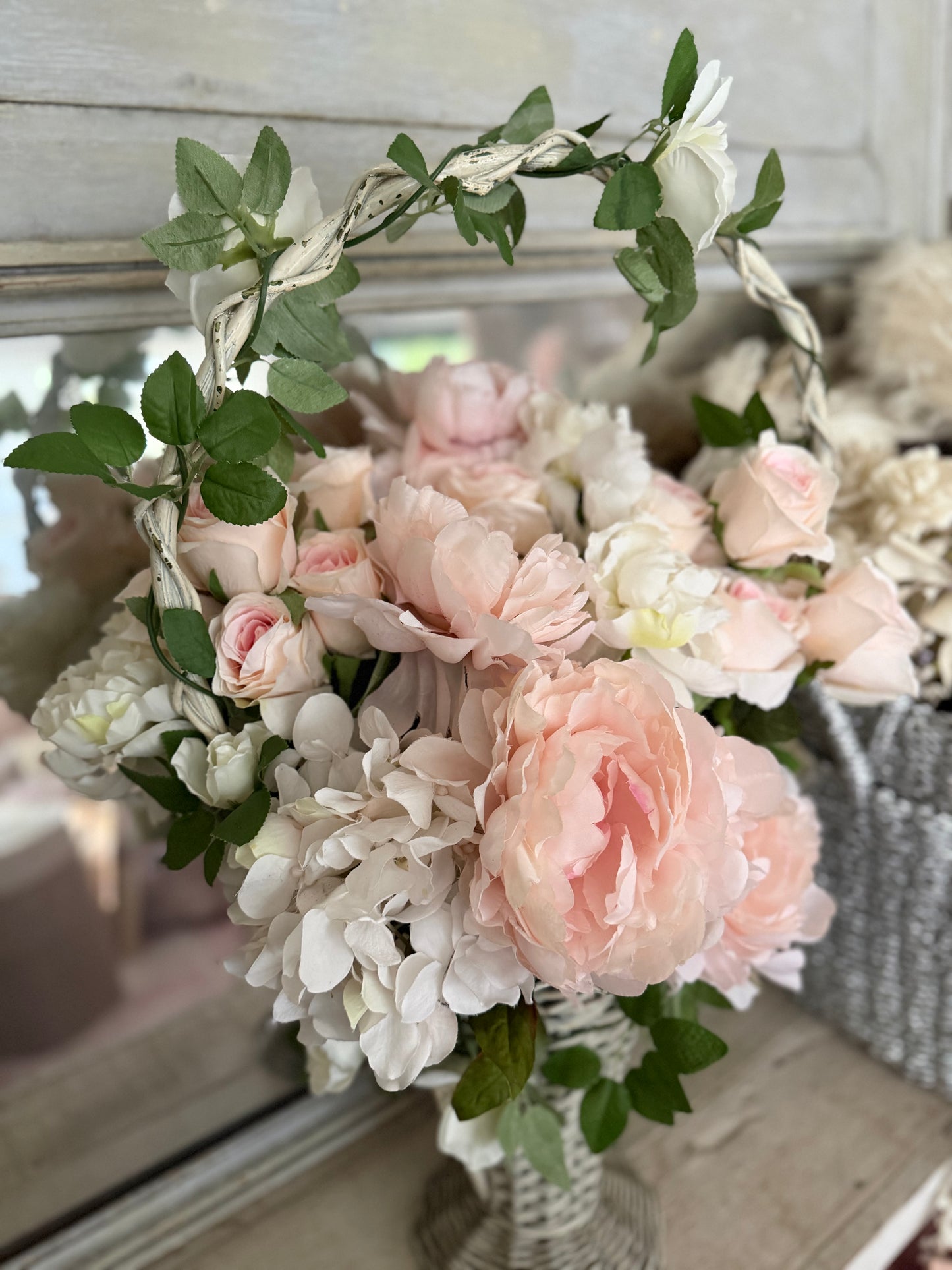 Antique Victorian White Wicker Flower Basket Pink Roses Flower Arch