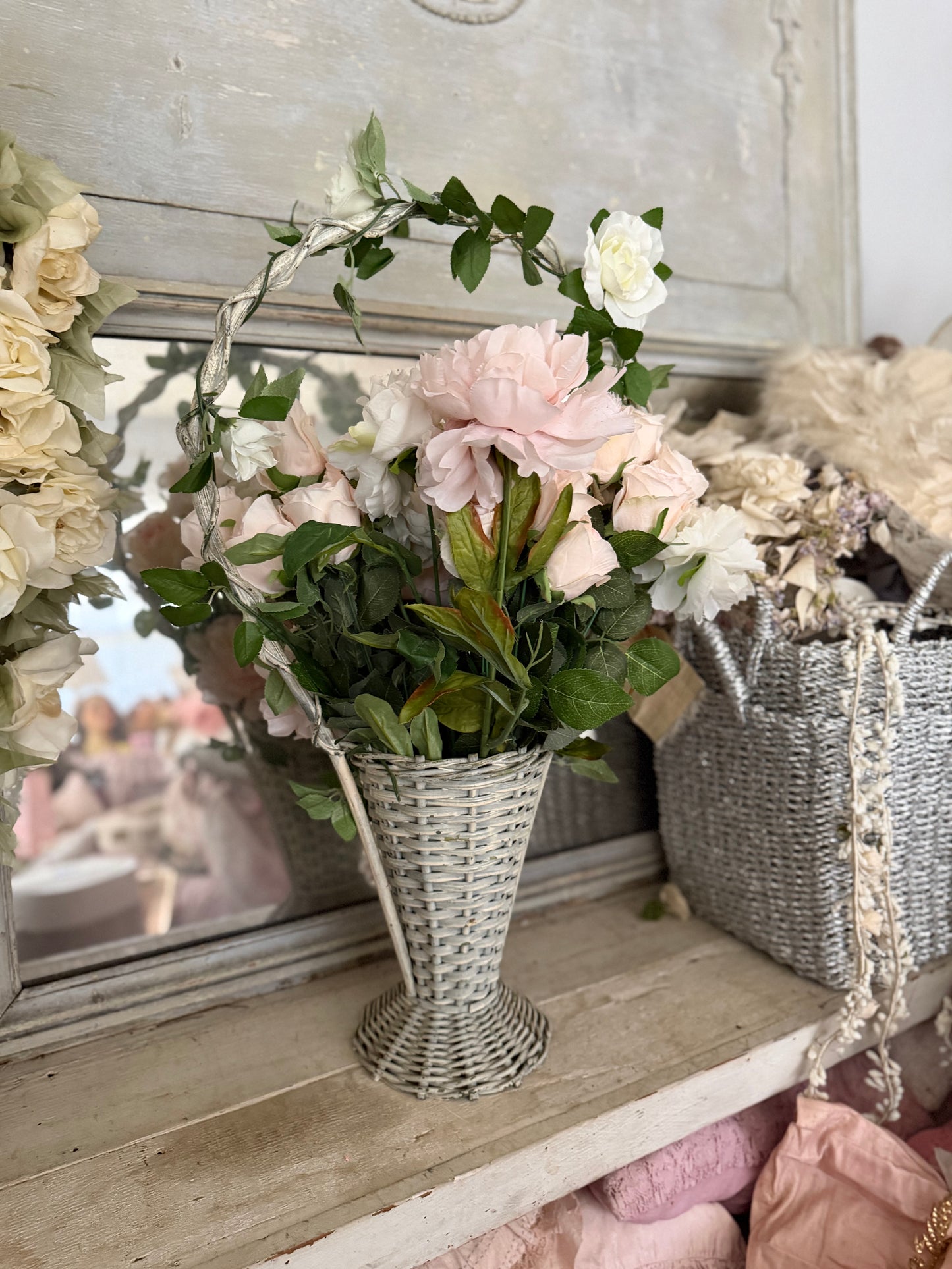 Antique Victorian White Wicker Flower Basket Pink Roses Flower Arch
