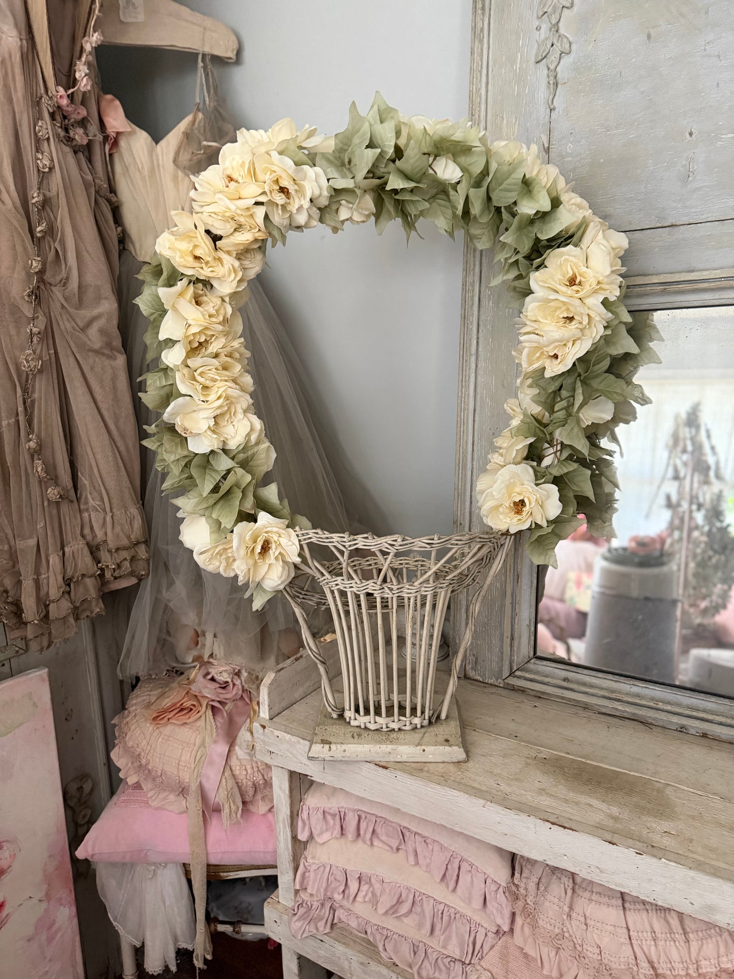 XL Antique Victorian White Wicker Flower Basket Flower Arch
