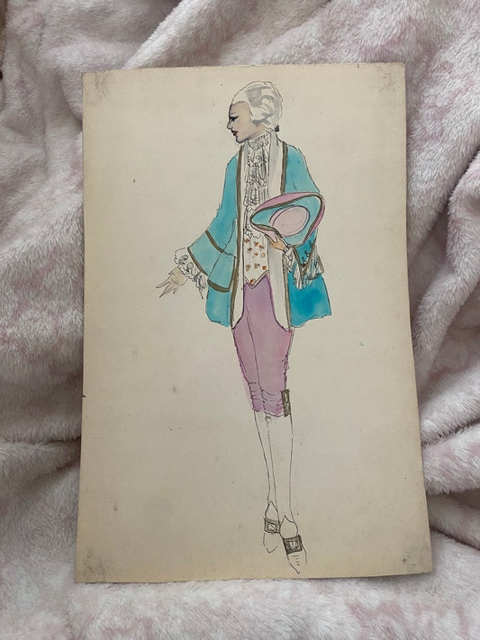 Vintage Costume Sketch c1920-30 Flapper Era Marie Antoinette Man Pink Blue