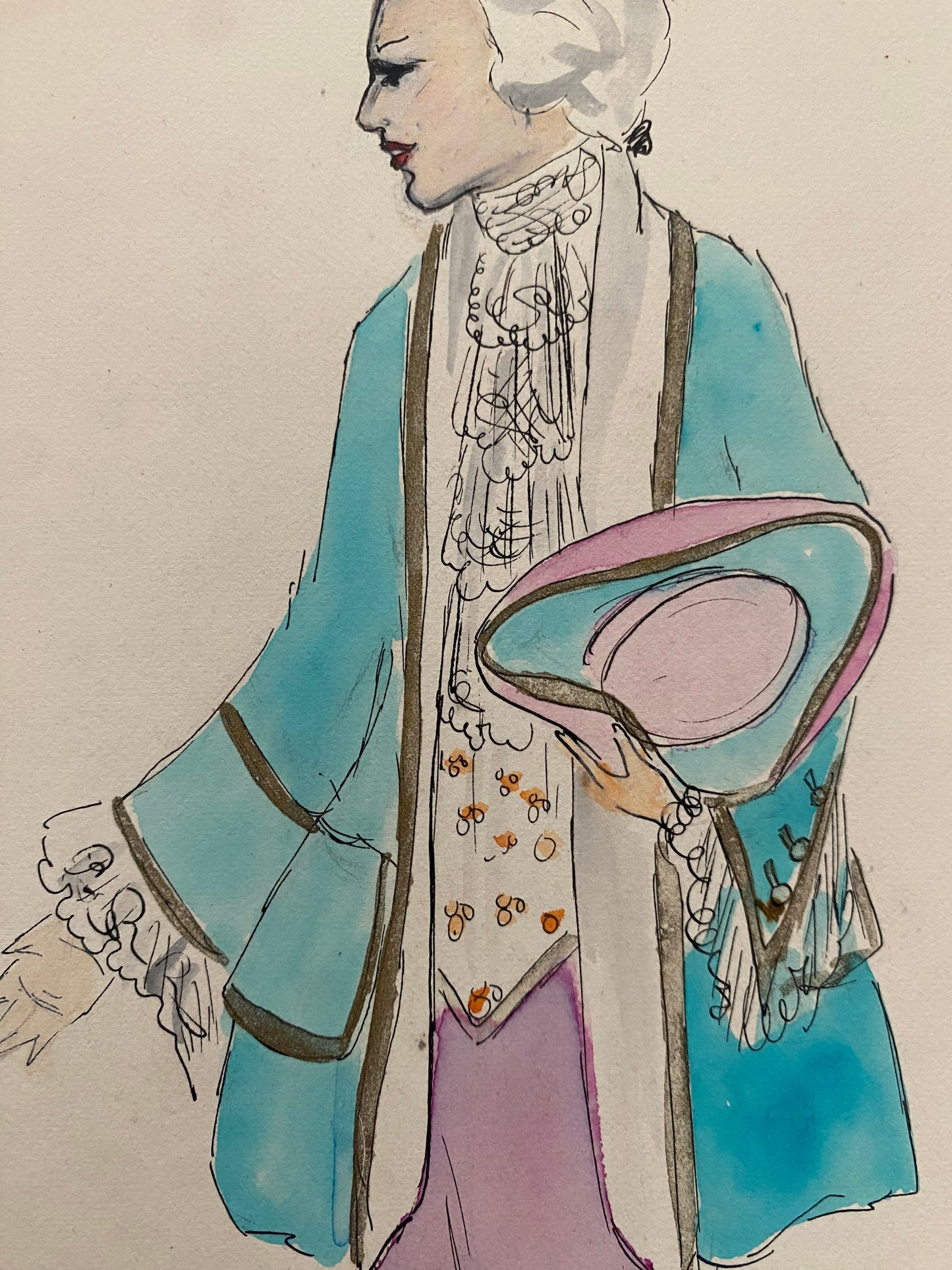 Vintage Costume Sketch c1920-30 Flapper Era Marie Antoinette Man Pink Blue