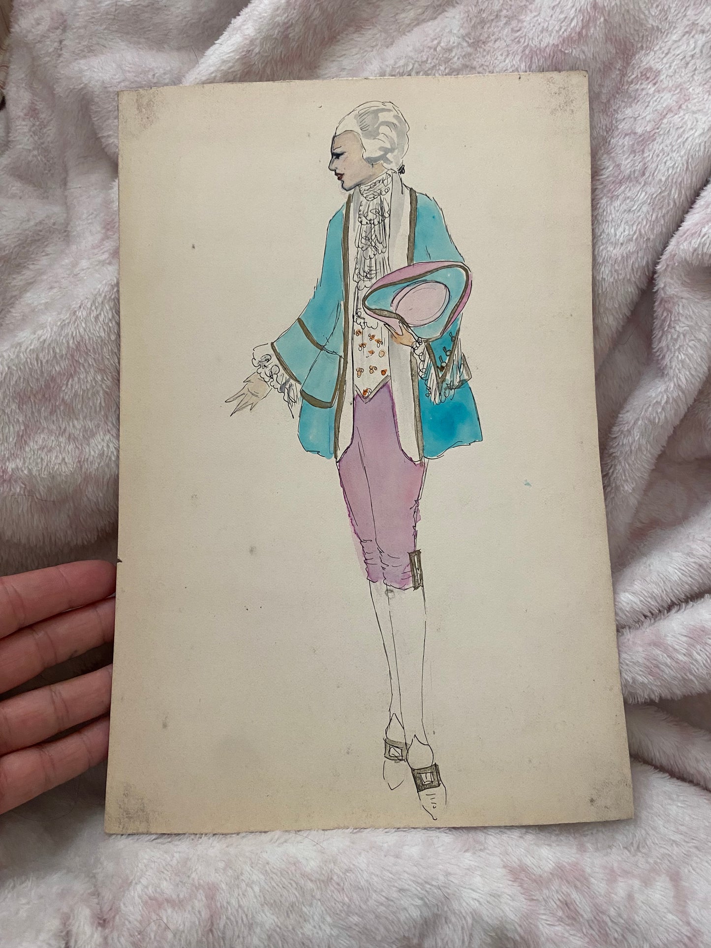 Vintage Costume Sketch c1920-30 Flapper Era Marie Antoinette Man Pink Blue