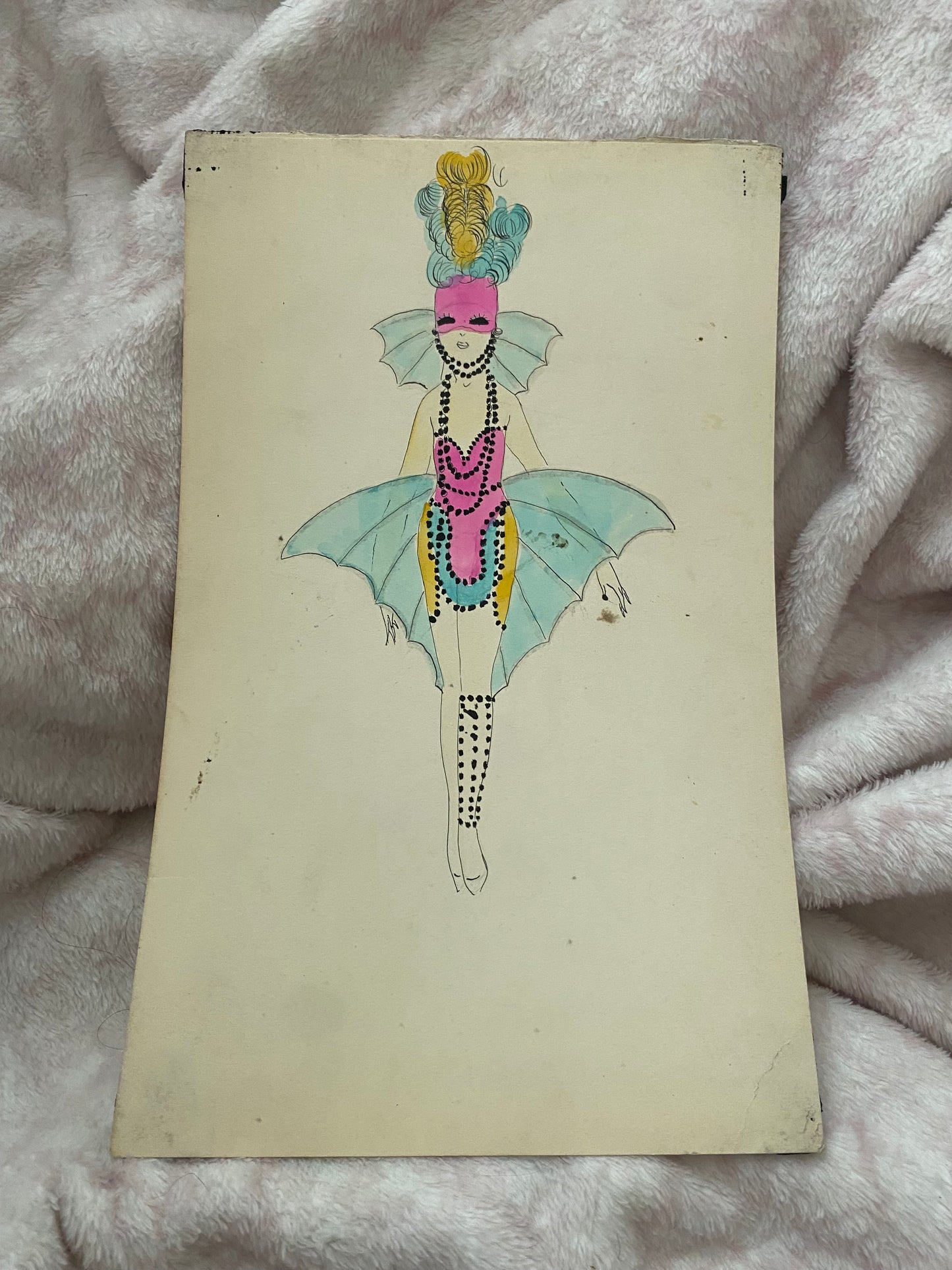 Vintage Costume Sketch c1920-30 Flapper Beaded Showgirl Feather Headdress