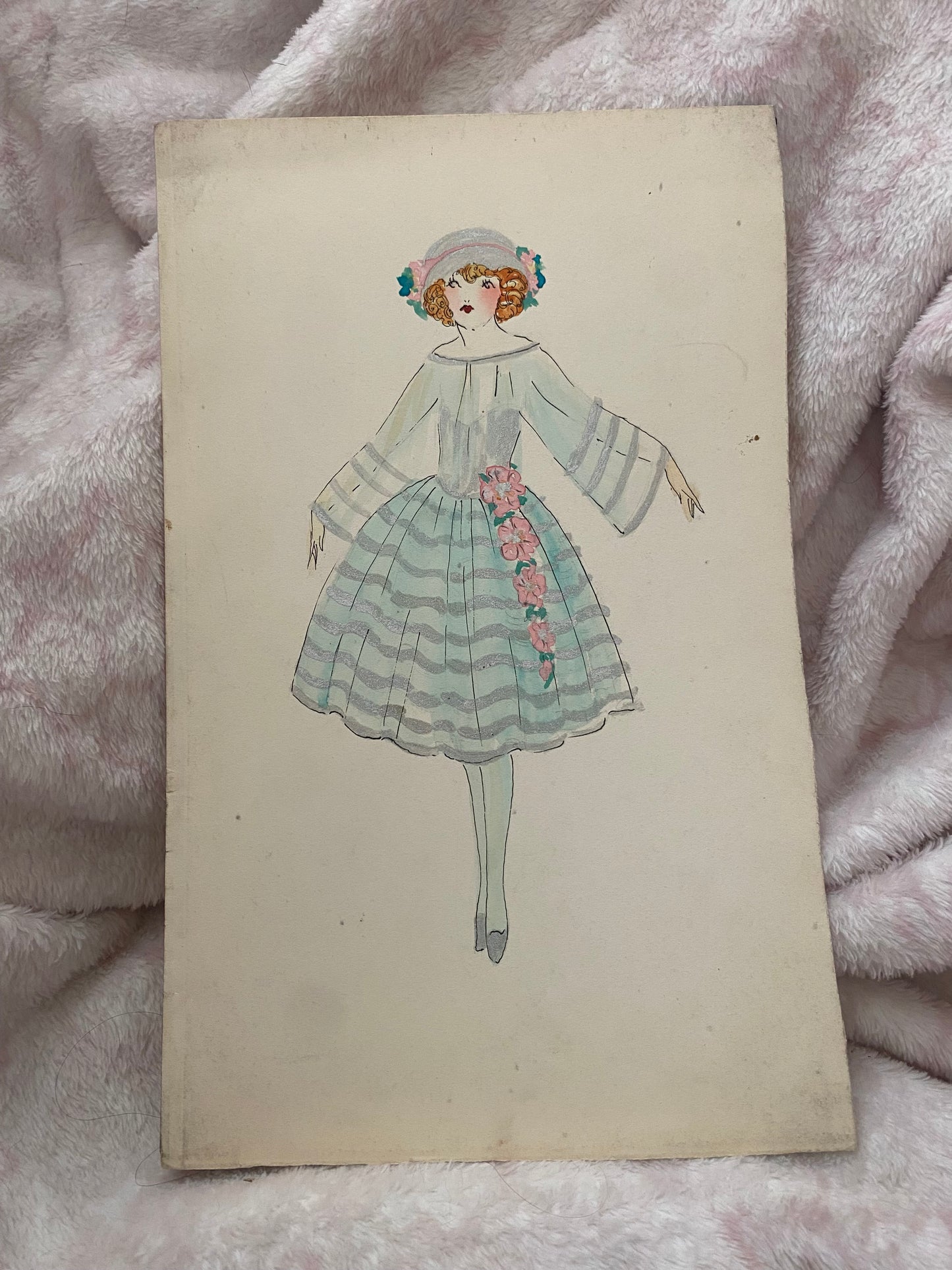 Vintage Costume Sketch c1920-30 Flapper Pink Blue Millinery Dress