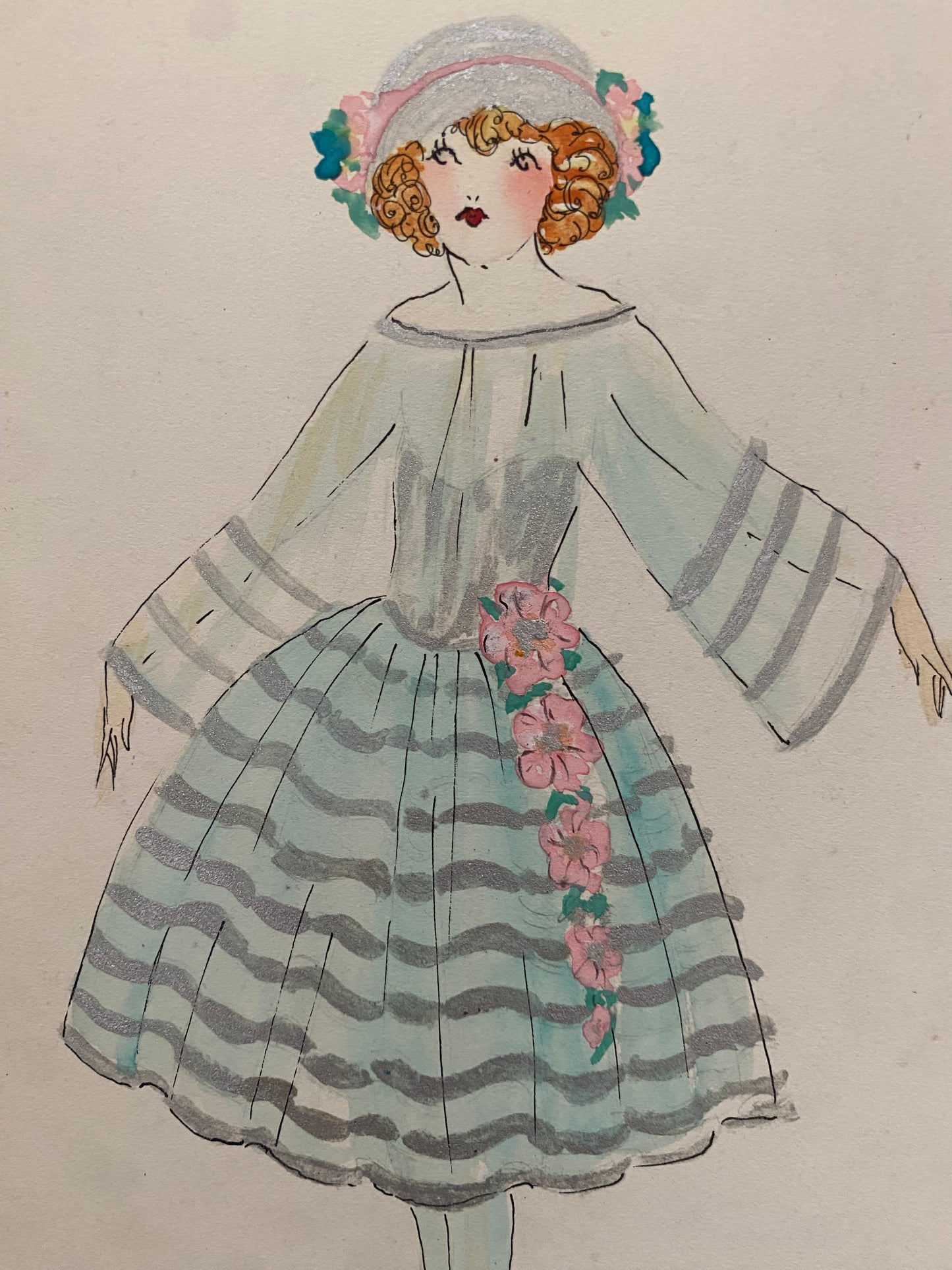 Vintage Costume Sketch c1920-30 Flapper Pink Blue Millinery Dress