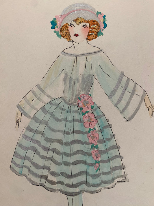 Vintage Costume Sketch c1920-30 Flapper Pink Blue Millinery Dress