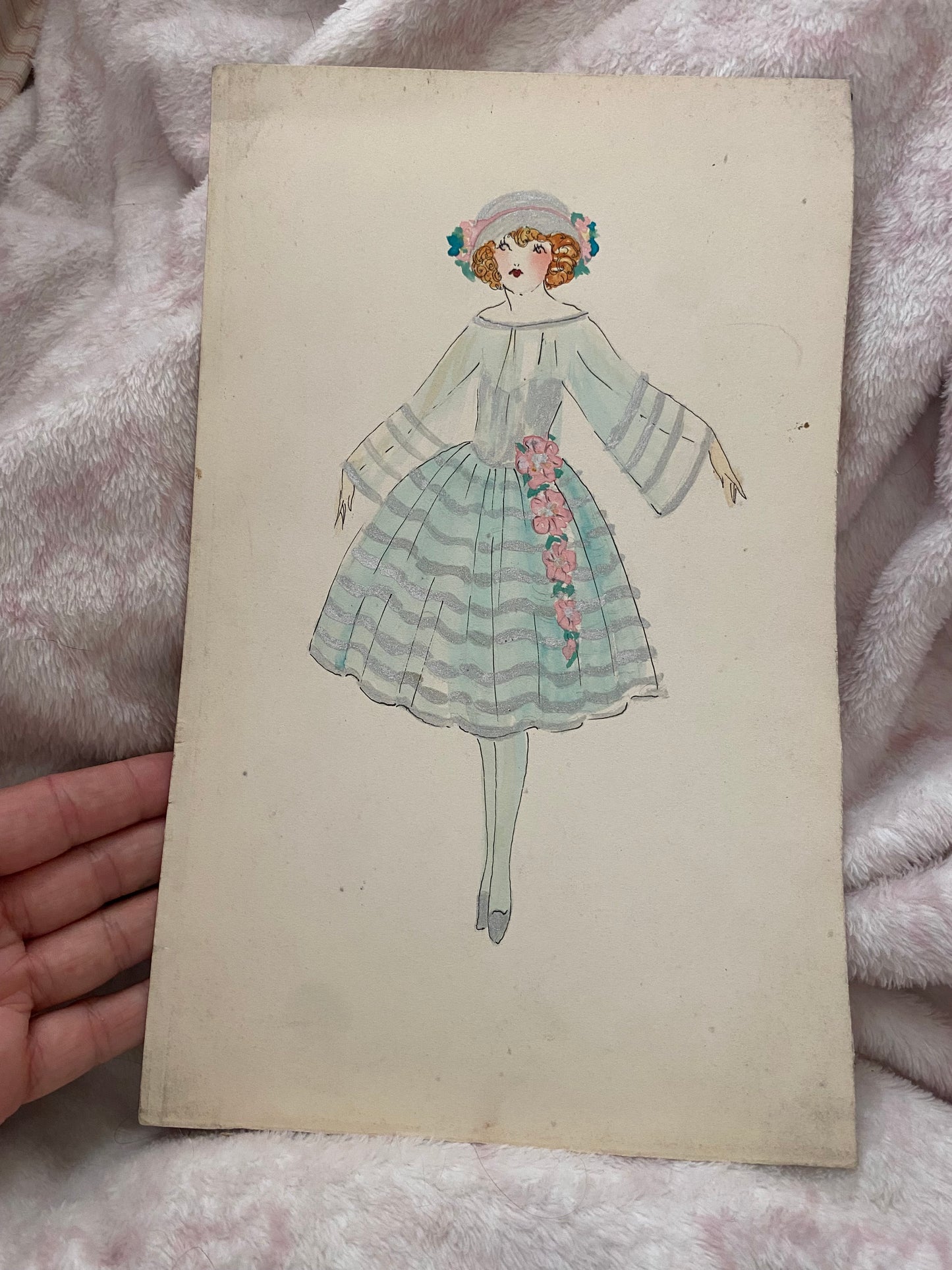 Vintage Costume Sketch c1920-30 Flapper Pink Blue Millinery Dress