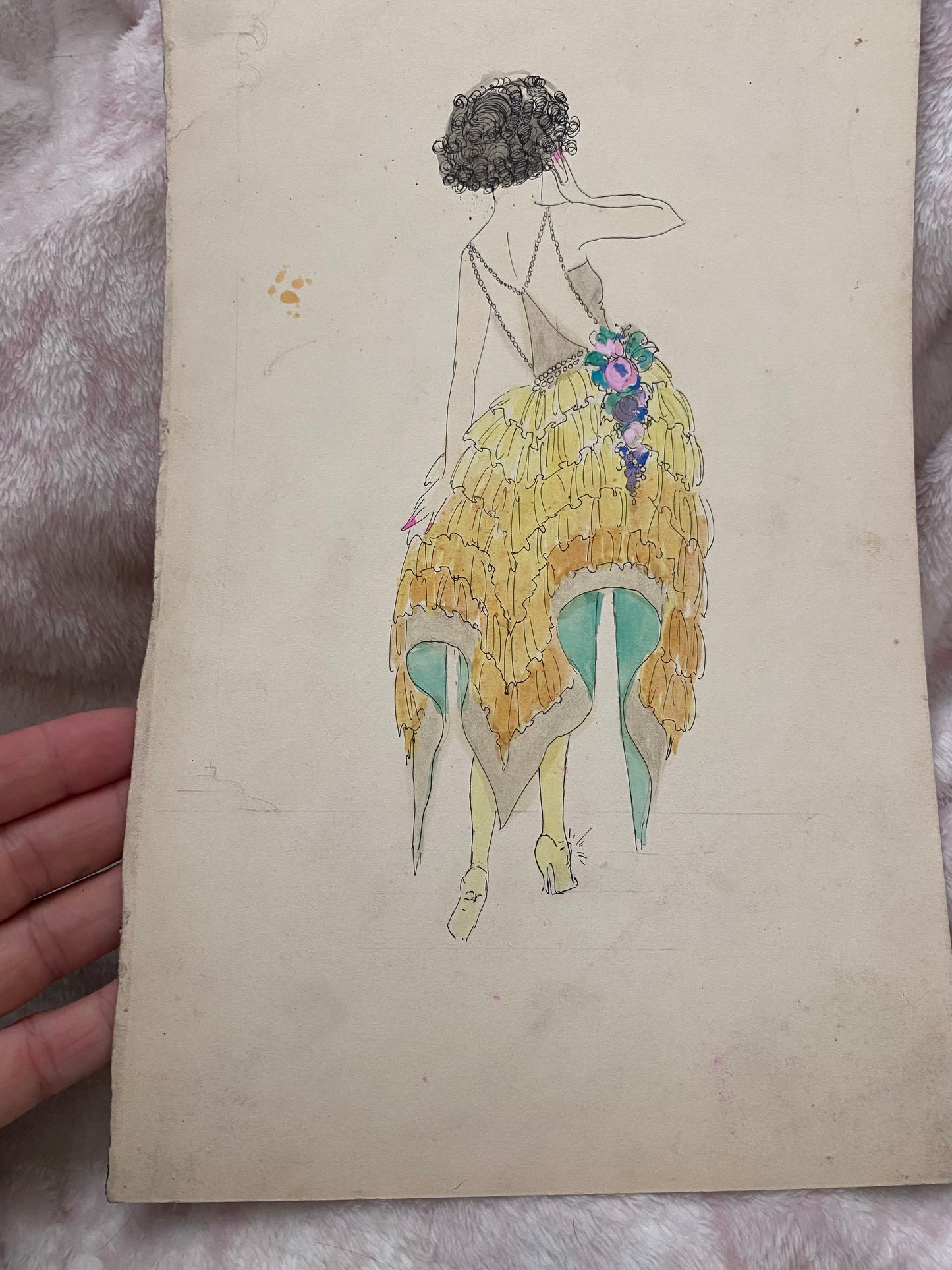 Vintage Costume Sketch c1920-30 Flapper Silk Millinery Dress